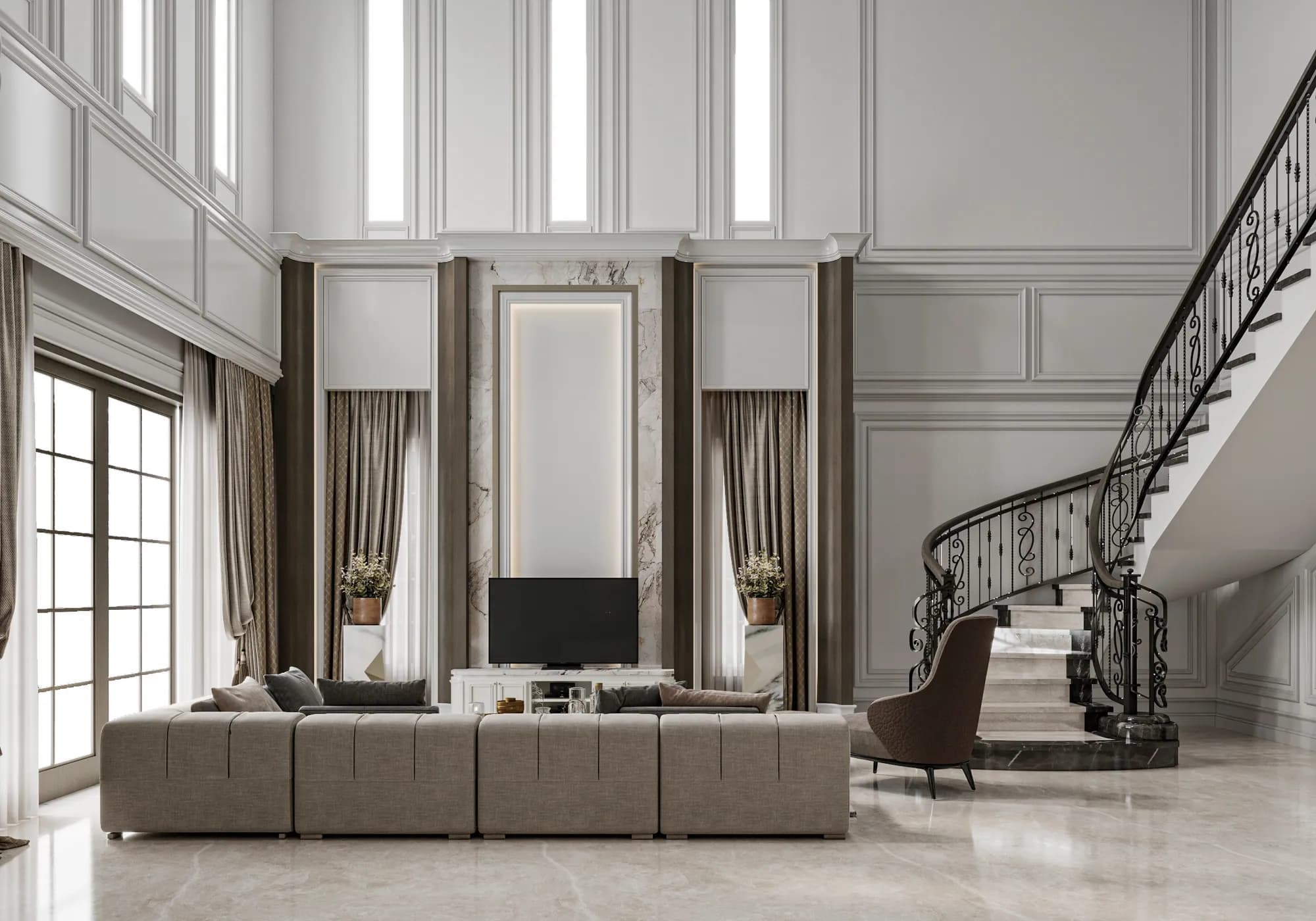 3D render of the living, dining, kitchen & guest room, Family Residence — residence design visualization by ePrivilege Studio (view 1)