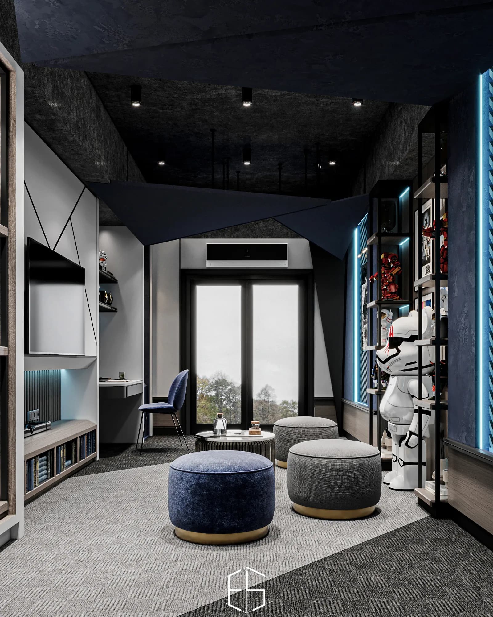 Quantis Signature: Round poufs and a fluted coffee table form a compact attic lounge beside illuminated collectible shelves and a desk nook.
