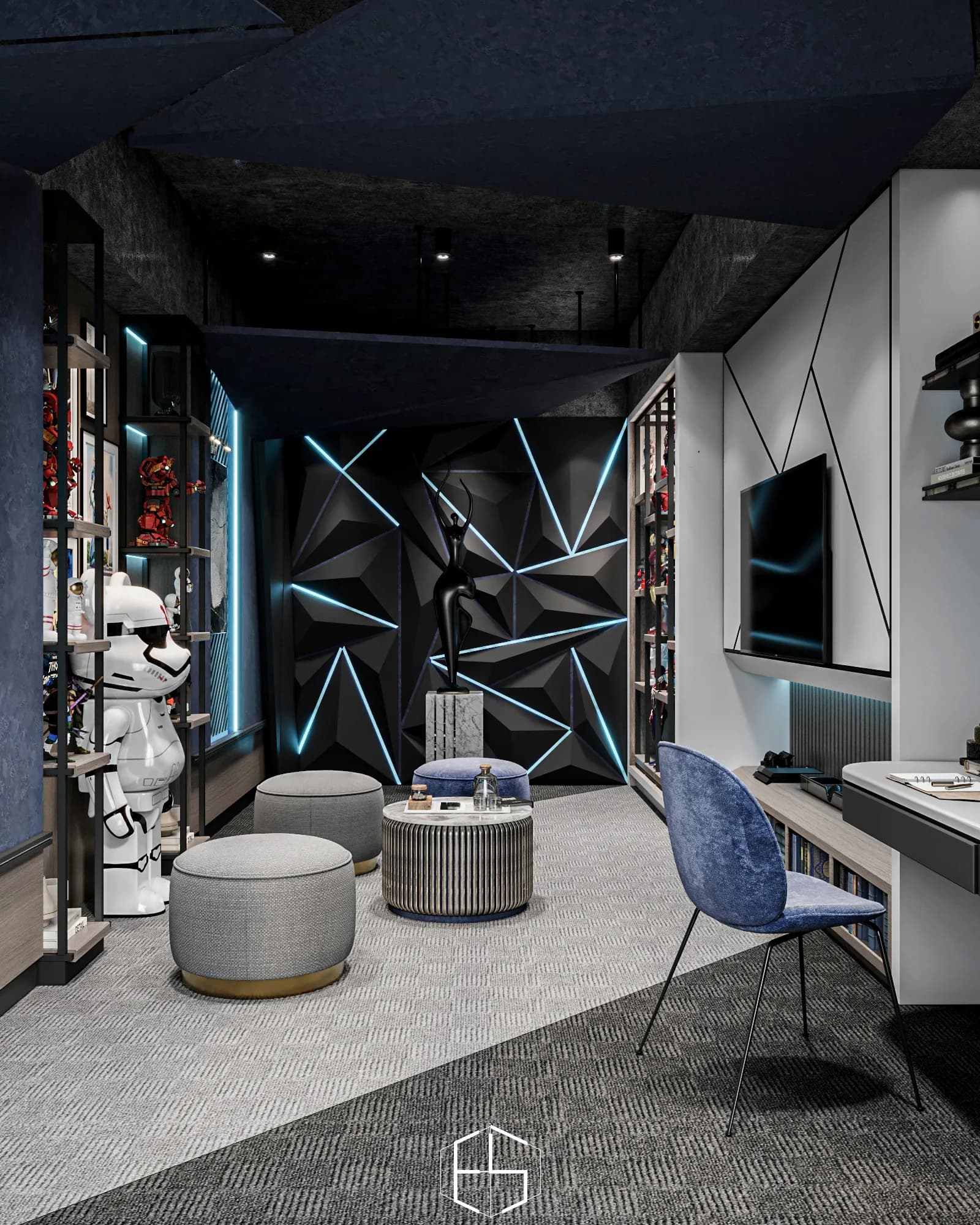 Quantis Signature: Diagonal blue lighting traces a faceted wall behind a sculptural figure, with the television and desk along the adjoining wall.