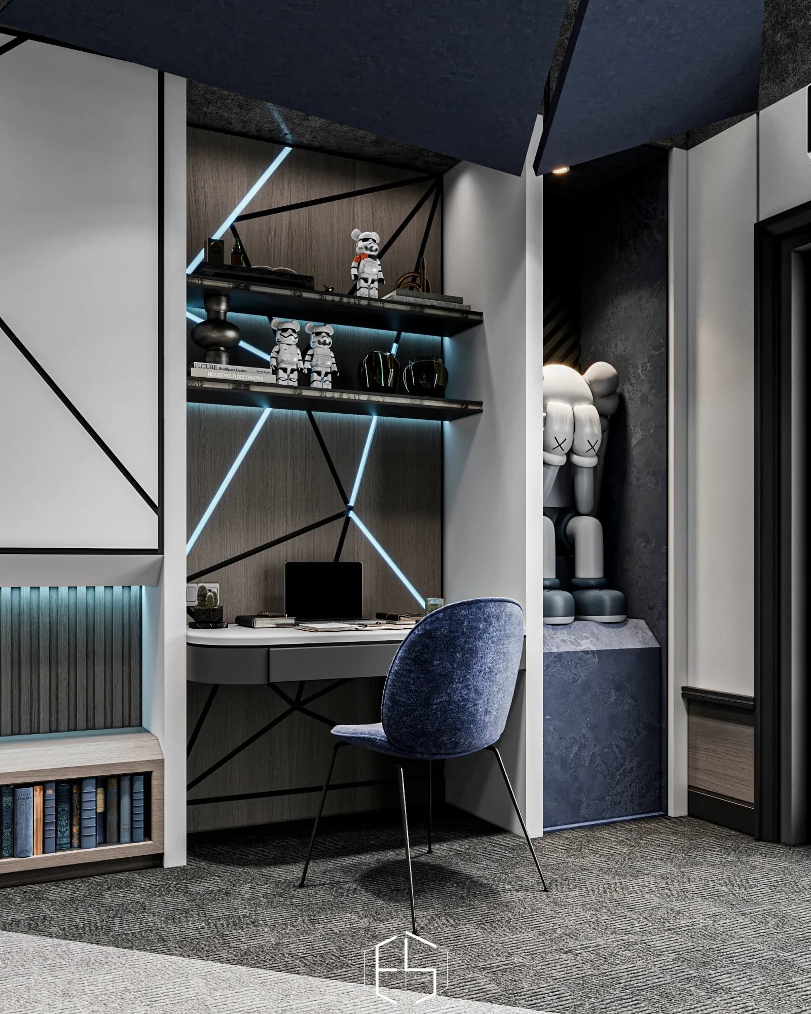 Quantis Signature: A built-in desk pairs open display shelves with diagonal blue lighting and an upholstered blue chair.