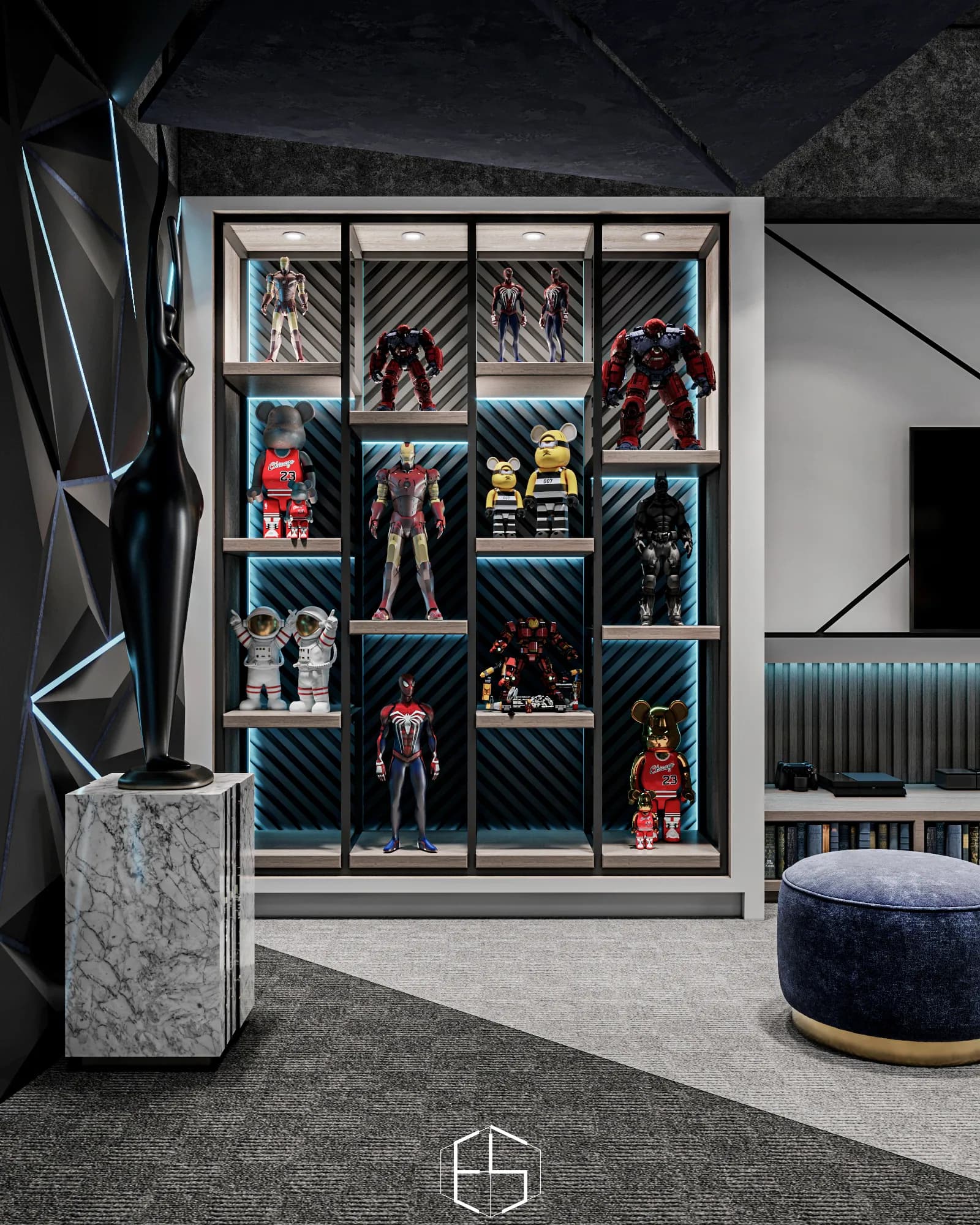 Quantis Signature: Full-height collectible shelving uses varied compartments and blue-lit geometric backing beside a sculpture on a veined plinth.