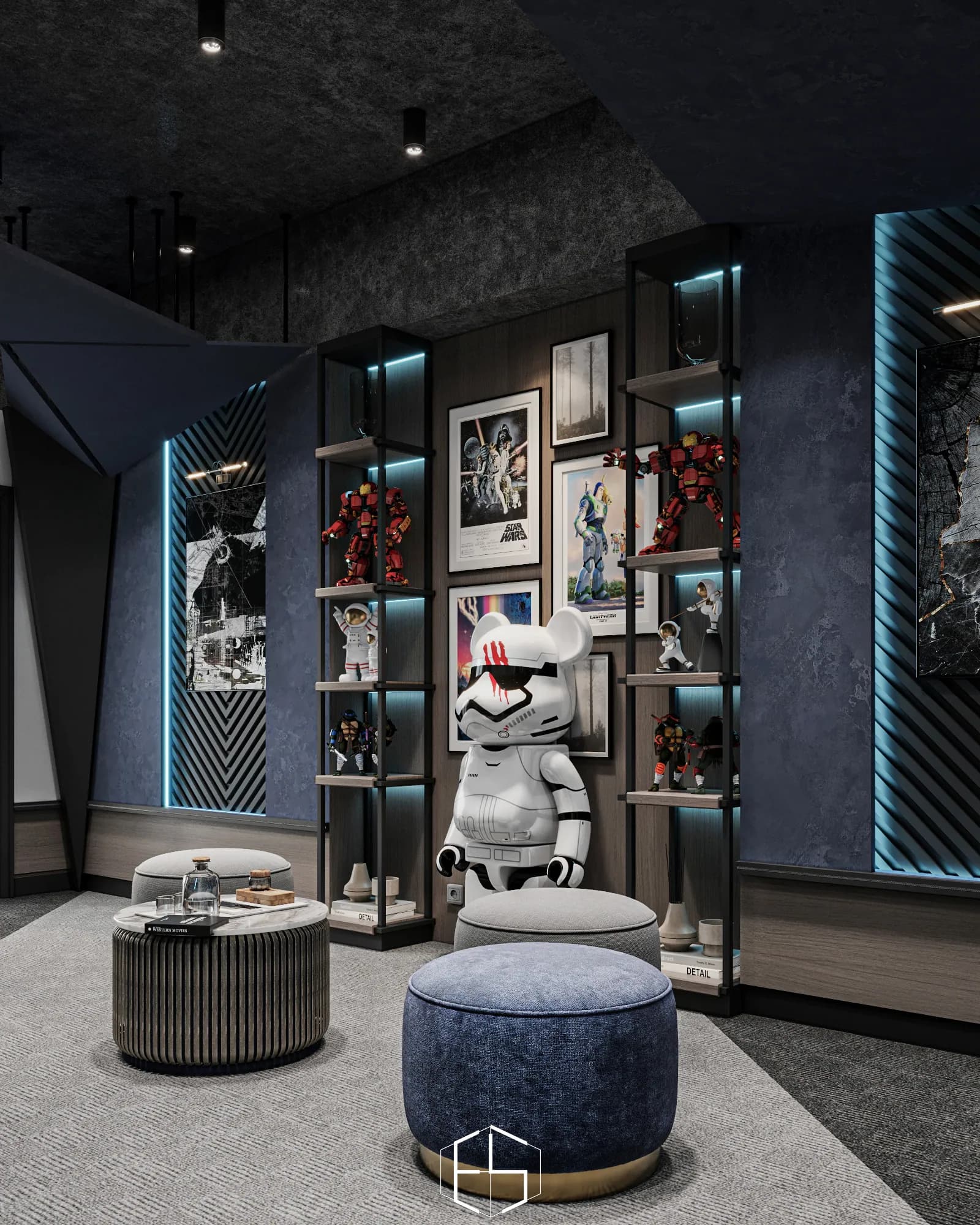 Quantis Signature: Framed character posters and blue-lit display shelves create a focal wall behind the attic's low circular seating.