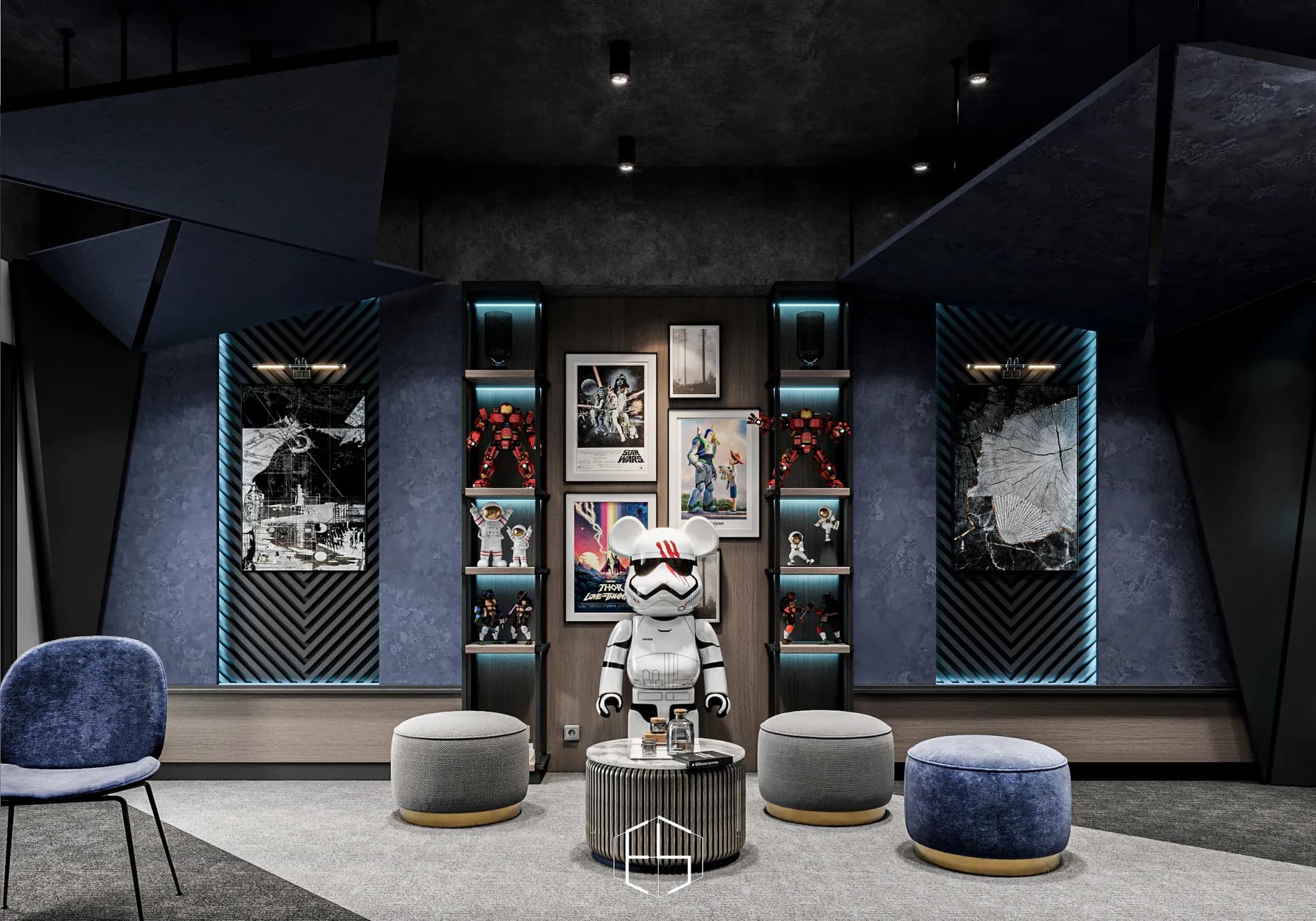 Quantis Signature: Symmetrical illuminated shelving frames a poster gallery above round poufs and a fluted coffee table beneath angular ceiling panels.