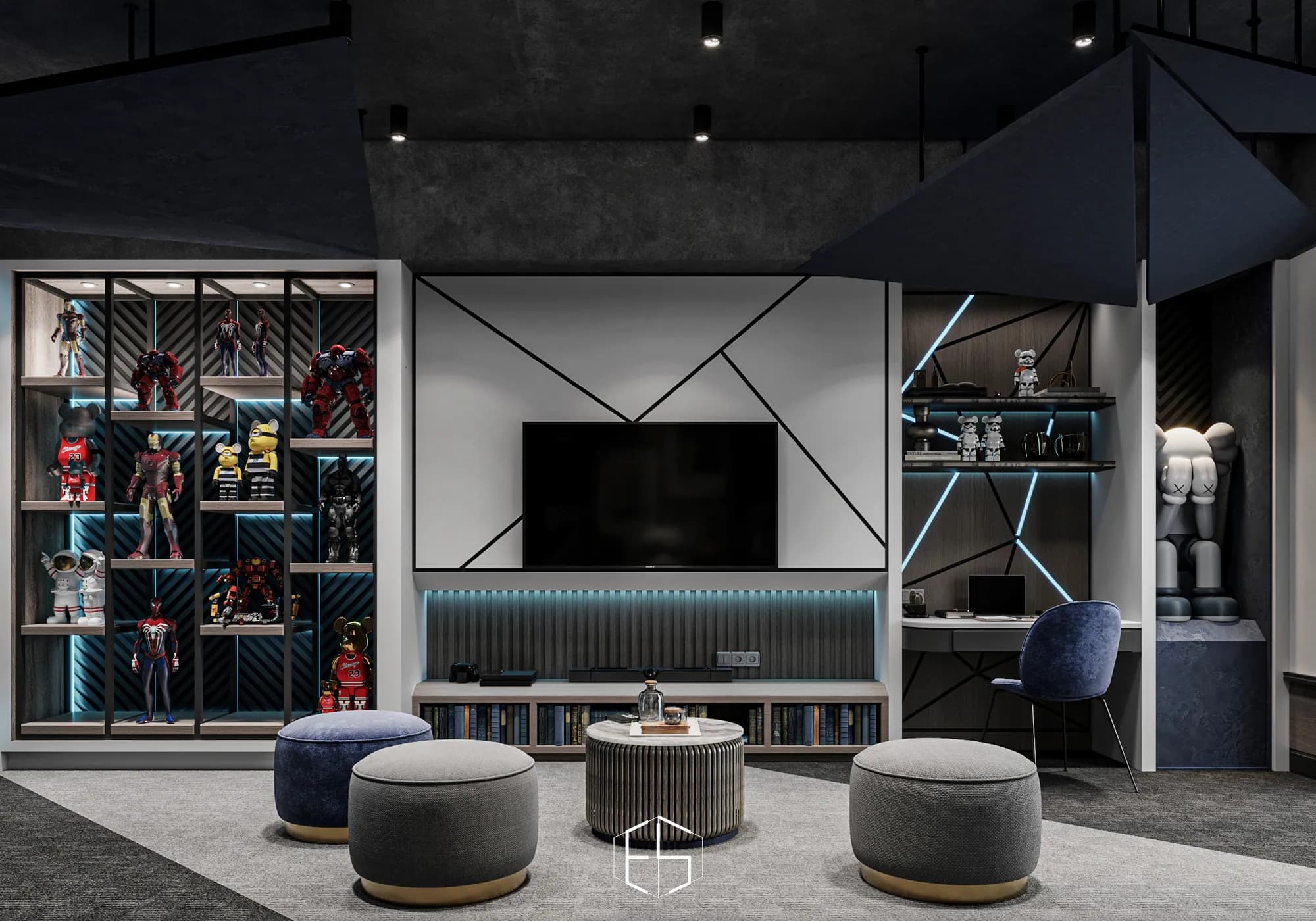 Quantis Signature: The attic television wall combines geometric linework, blue accent lighting and low book storage between display shelving and a desk niche.