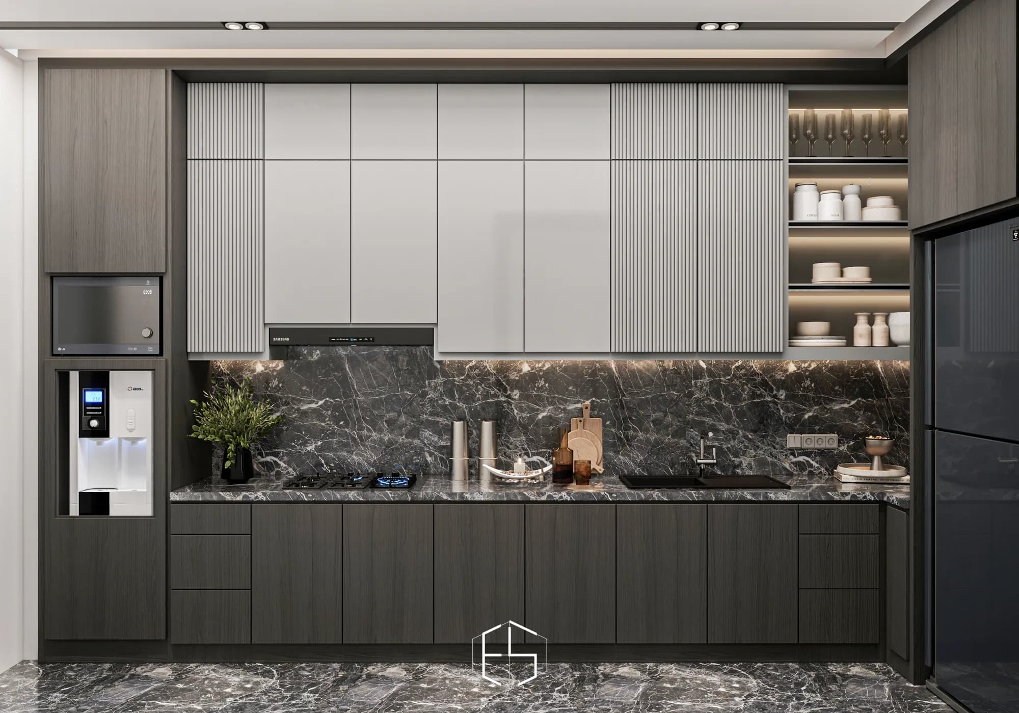 Quantis Signature: The kitchen combines grey cabinetry, ribbed upper doors and an illuminated dark veined backsplash above the hob and sink.