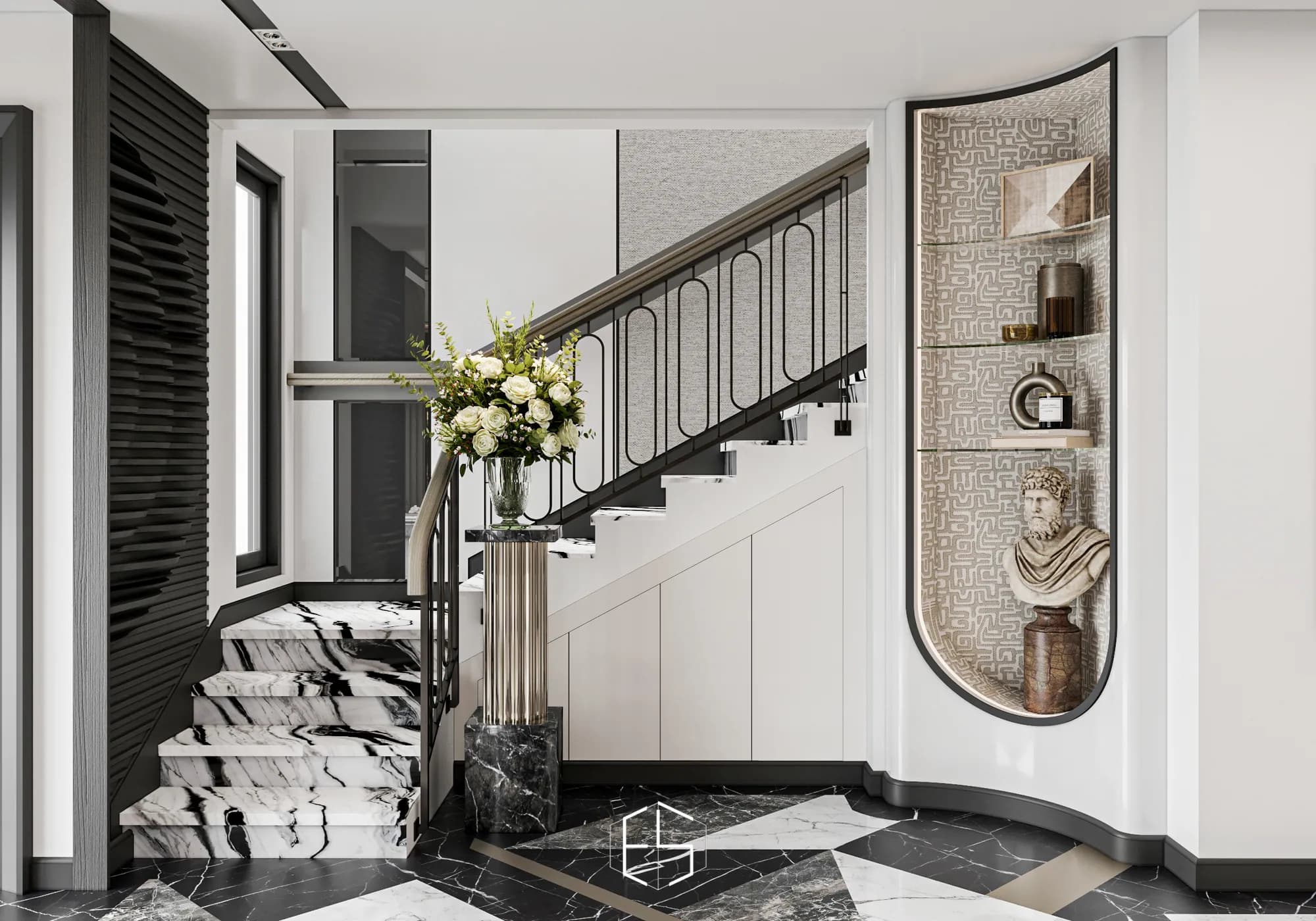 Quantis Signature: Boldly veined stair treads meet loop-pattern railings, under-stair cabinetry and a curved display niche.