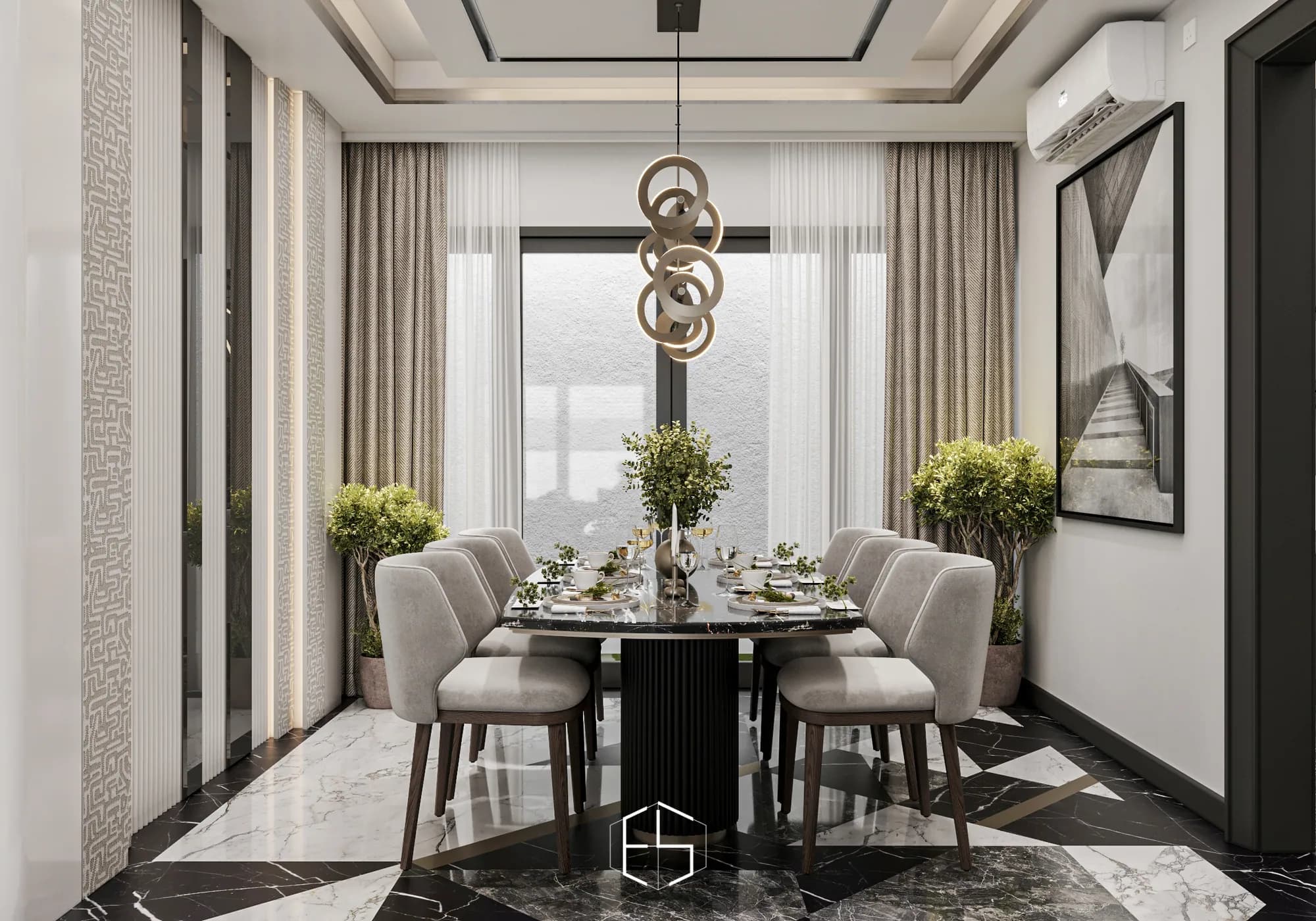 Quantis Signature: A ring-shaped pendant centres the dining table between upholstered chairs, layered curtains and patterned wall panels.