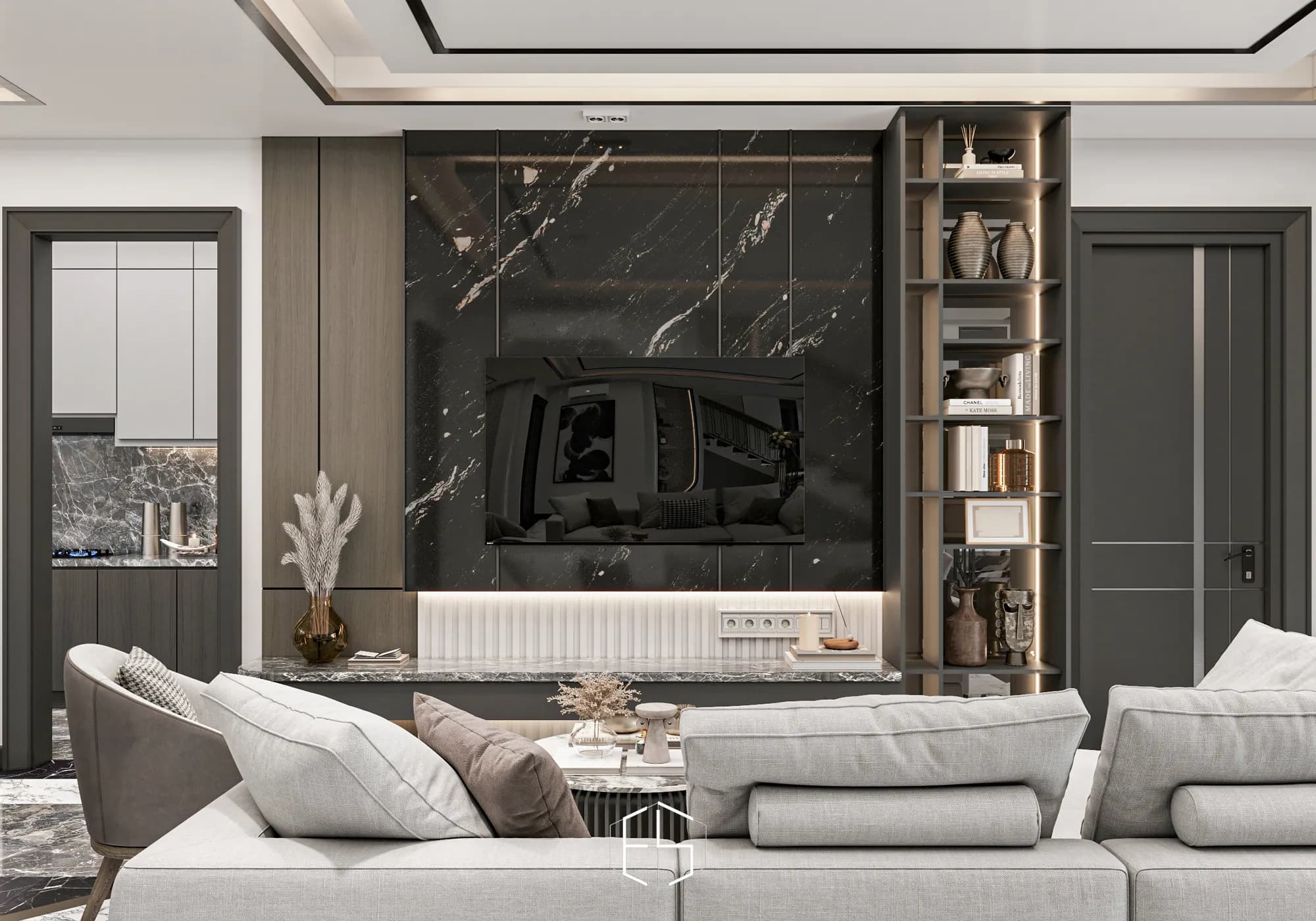 Quantis Signature: The living-room television sits on a dark veined panel beside illuminated display shelves and above a slim floating console.