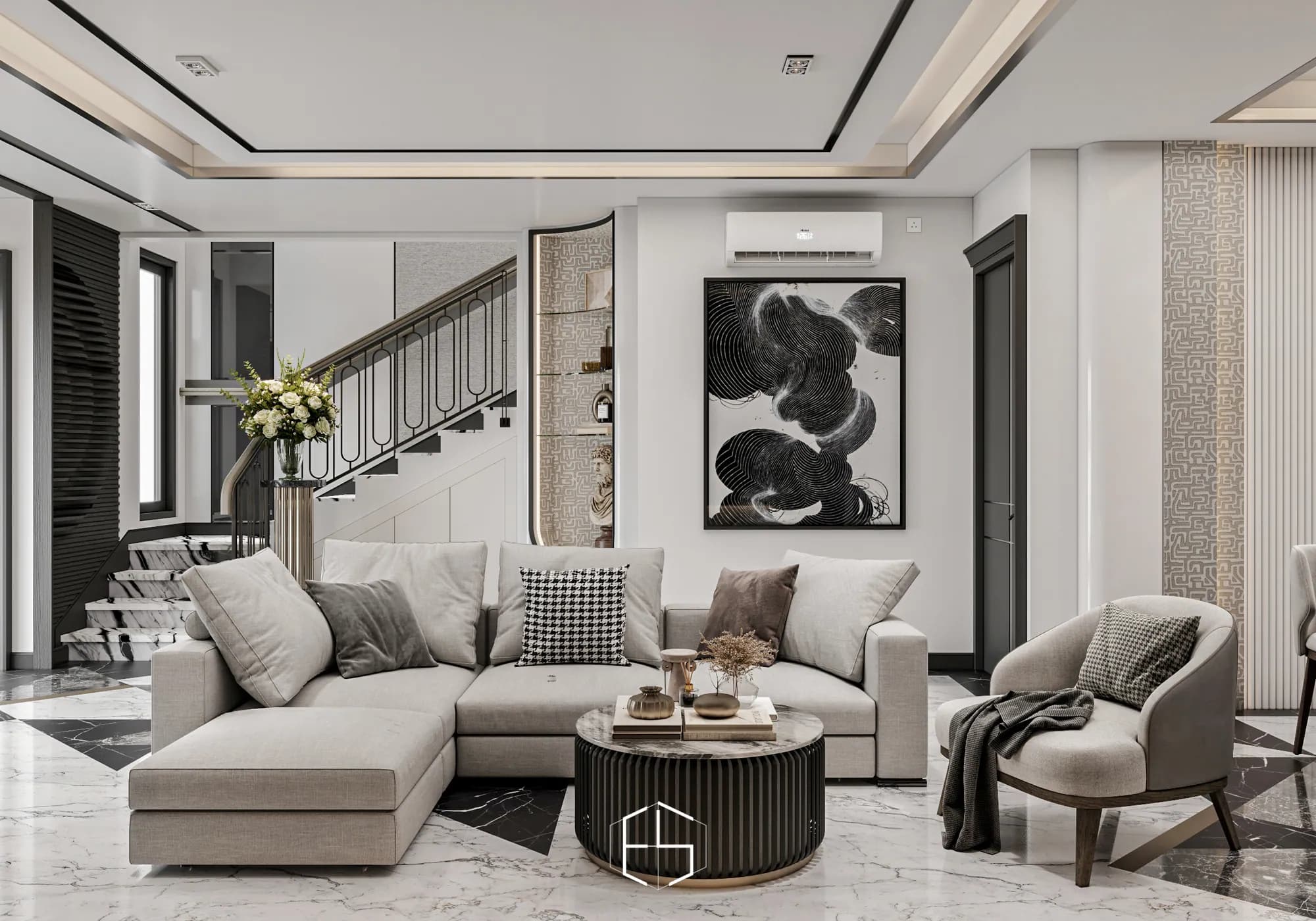 Quantis Signature: An L-shaped sofa and armchair surround a round fluted coffee table, with abstract artwork and the staircase behind.