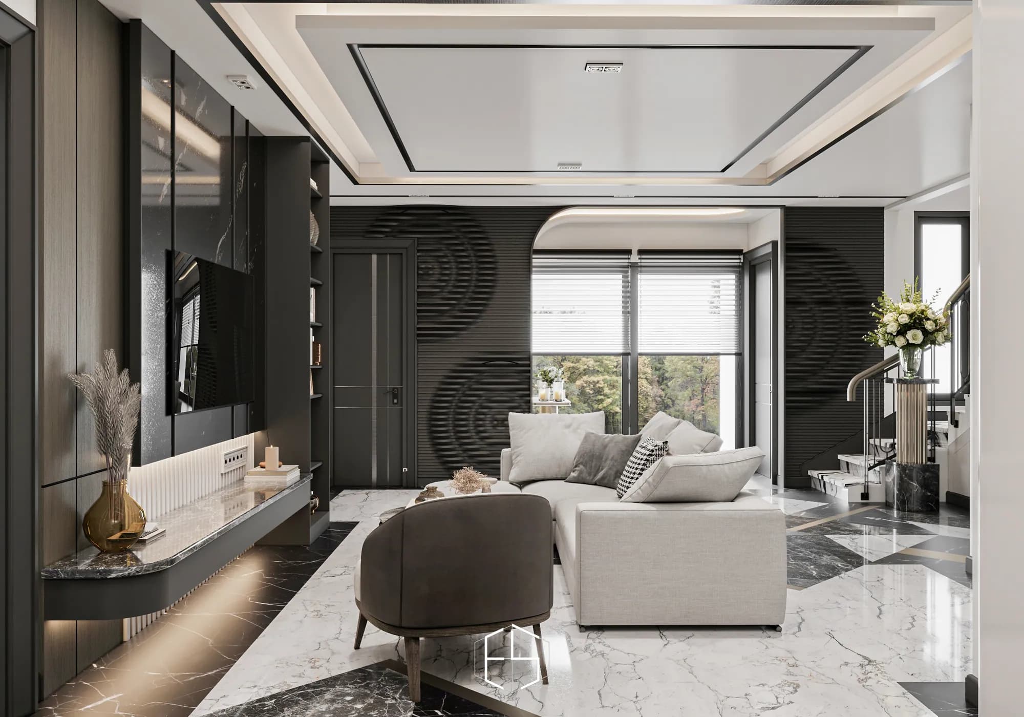 Quantis Signature: A curved opening and dark horizontal wall textures frame the living-room windows beside the television wall and staircase.