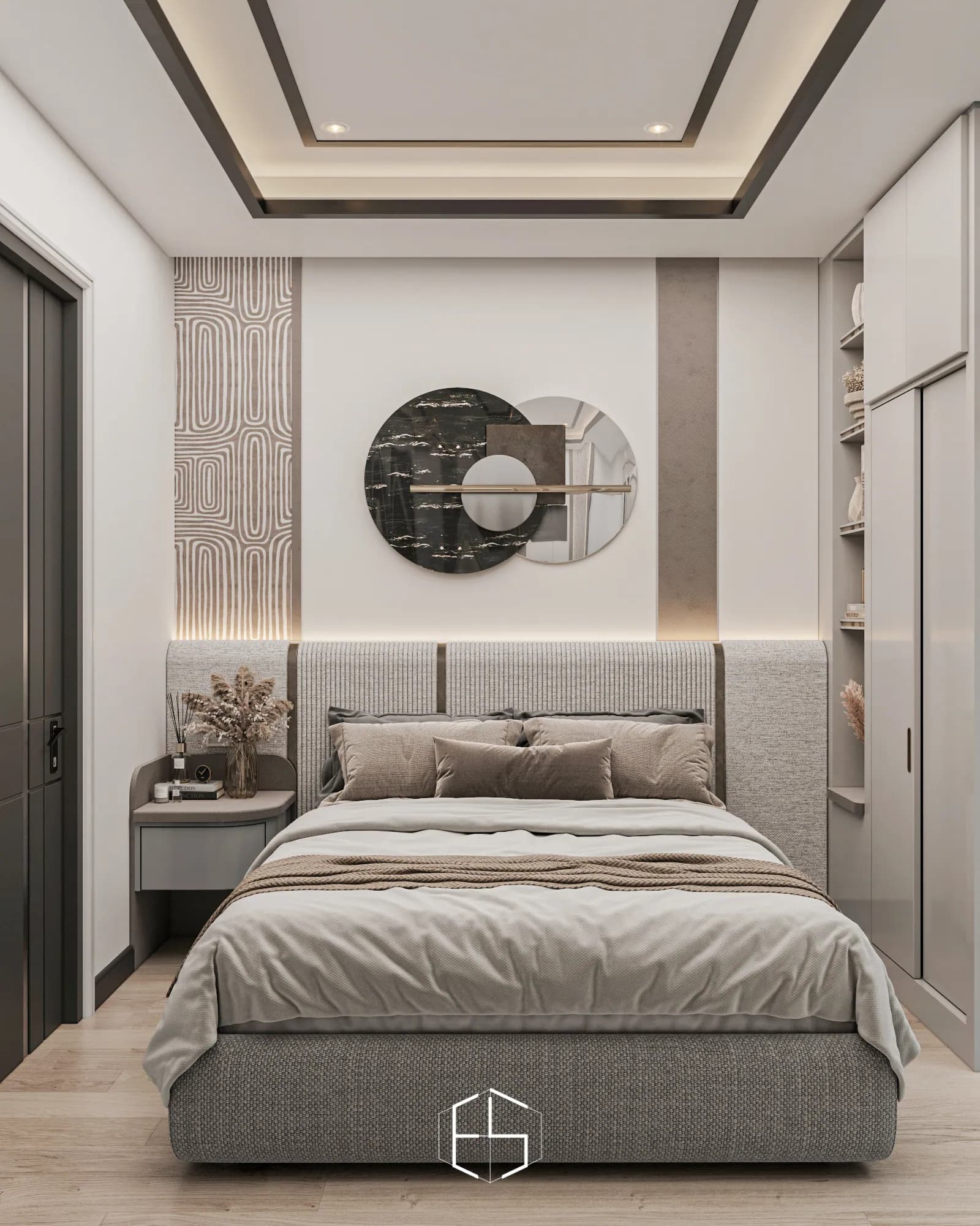 Quantis Signature: The ground-floor bedroom pairs a ribbed upholstered headboard with overlapping circular wall decor and a wardrobe with open display shelves.