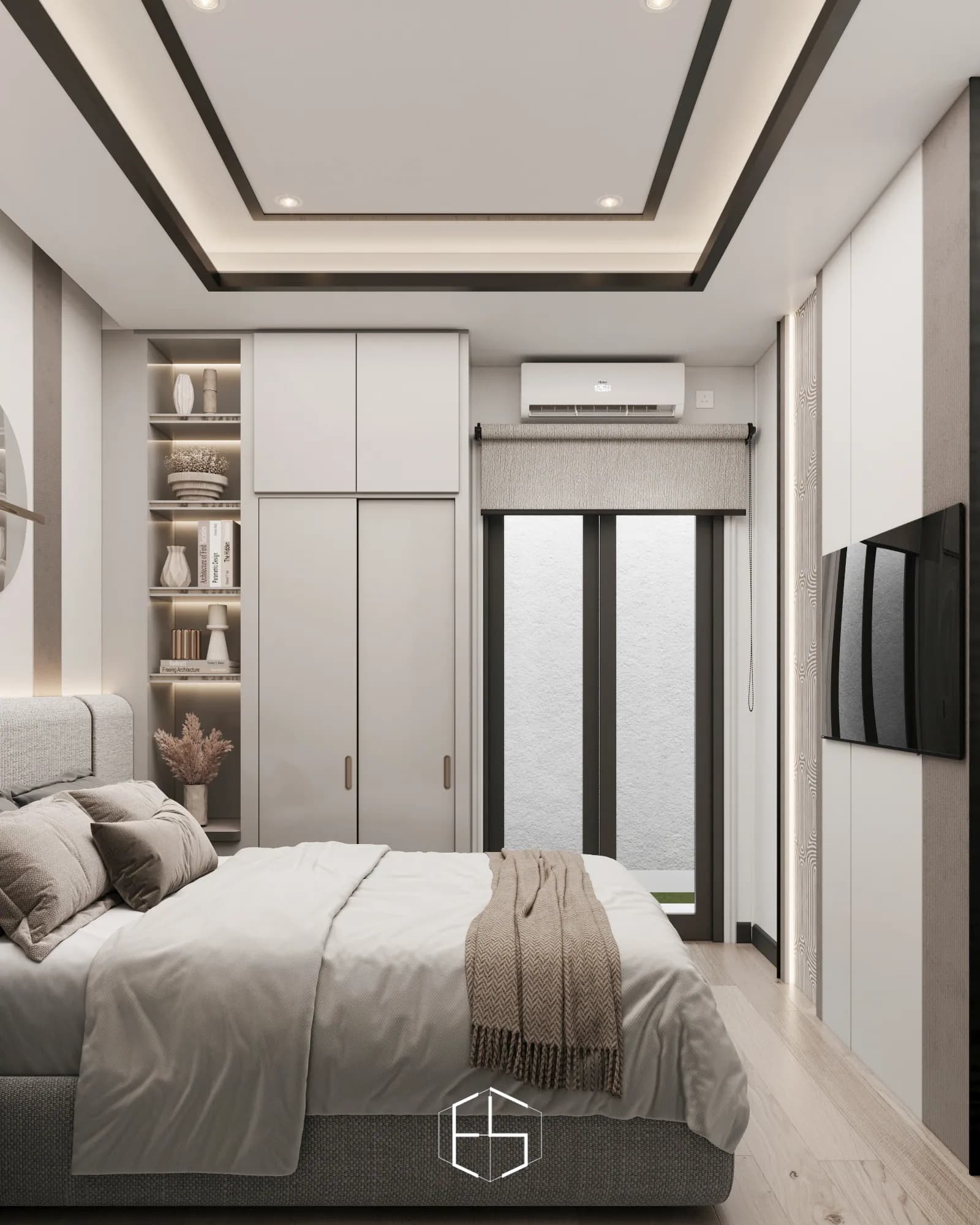 Quantis Signature: Closed wardrobe doors and illuminated open shelves share the bedroom wall beside a tall window with a roller blind.