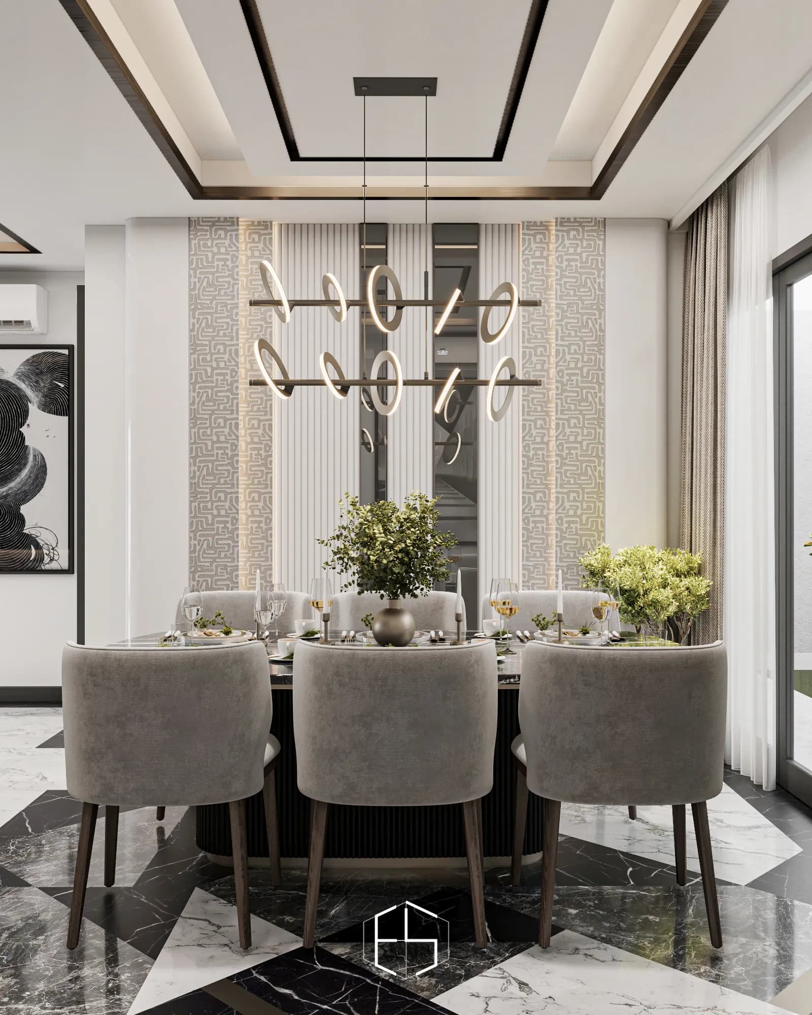 Quantis Signature: The dining room's ring pendant is backed by narrow mirrors, fluted panels and patterned wall strips.
