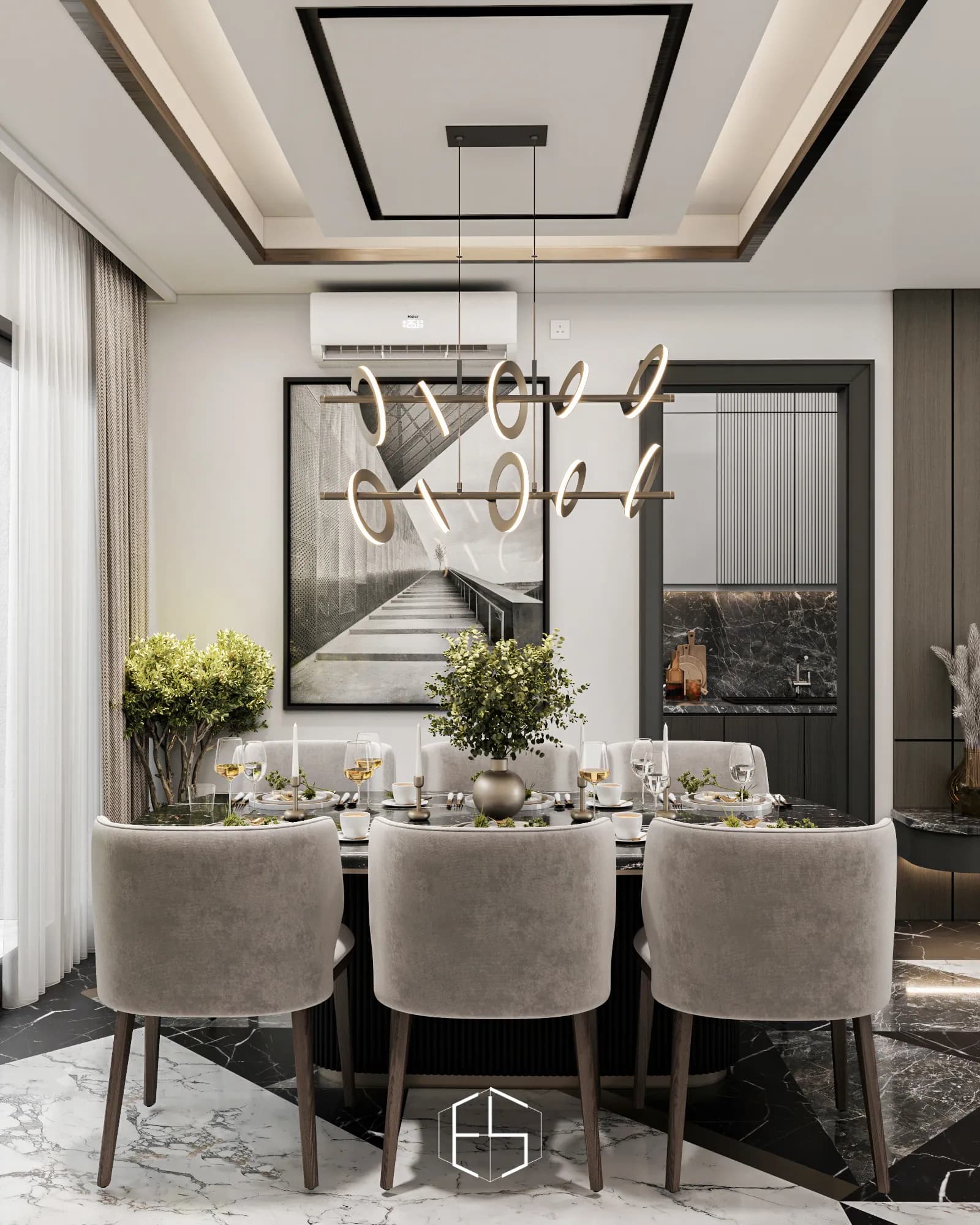 Quantis Signature: Upholstered dining chairs face a wall with architectural artwork, while the kitchen is visible through the adjacent doorway.