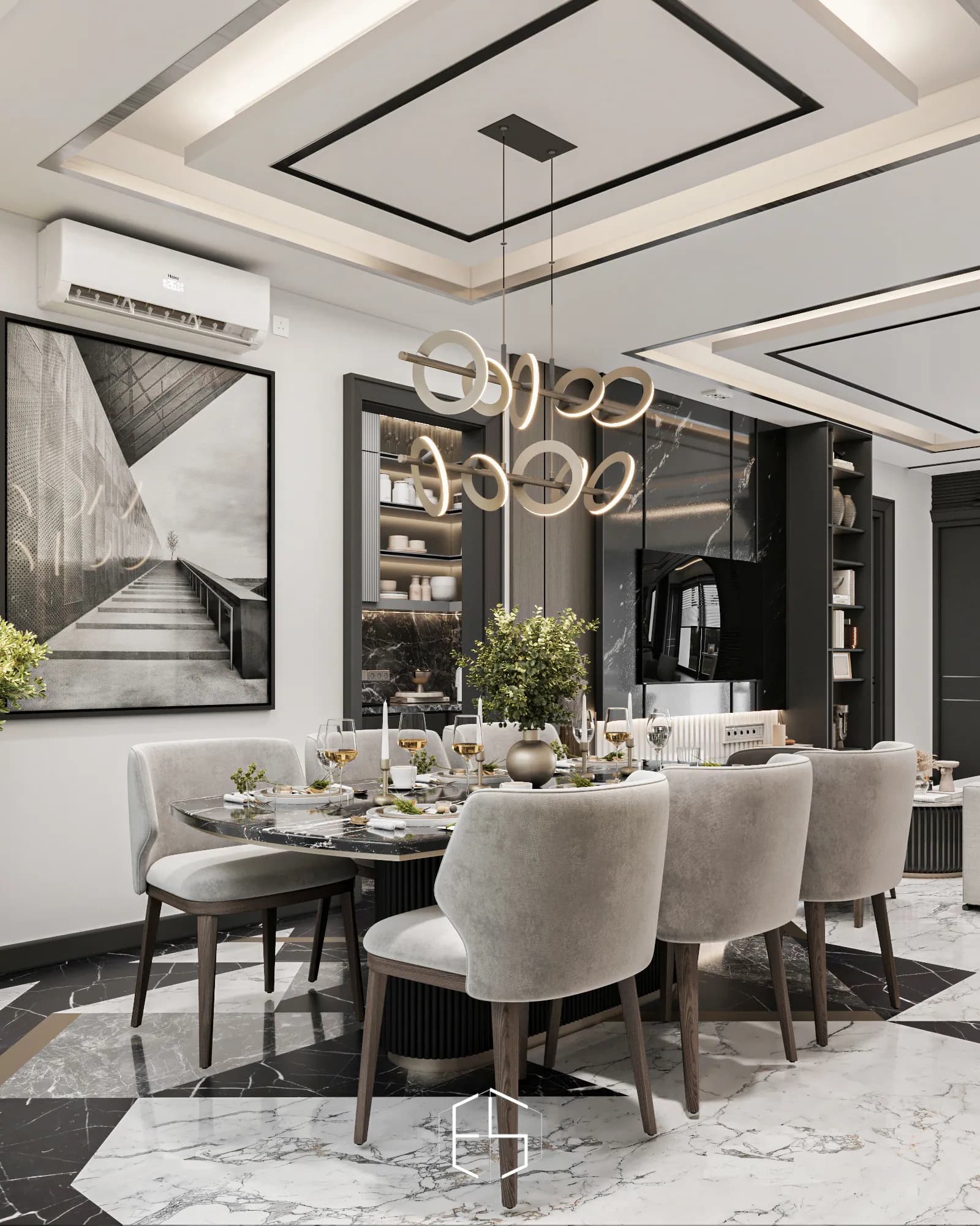 Quantis Signature: An angled dining-room view reveals the veined tabletop, ribbed table base and its connection to the kitchen and living-room television wall.