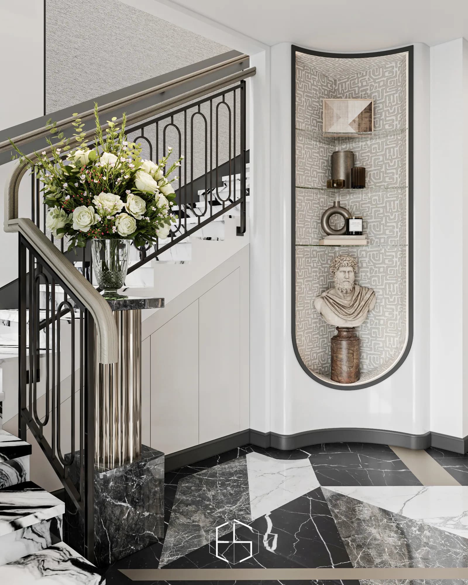Quantis Signature: A curved niche displays glass shelves and a classical bust beside the stair railing and a metallic-toned flower pedestal.