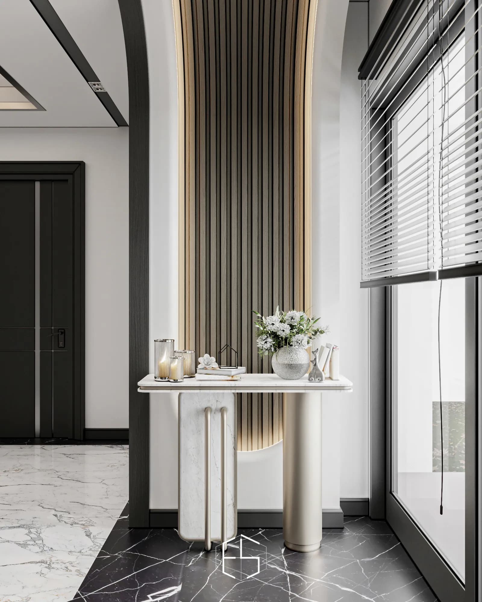 Quantis Signature: A narrow console with contrasting sculptural legs sits against a softly lit vertical-slat panel beside the window.