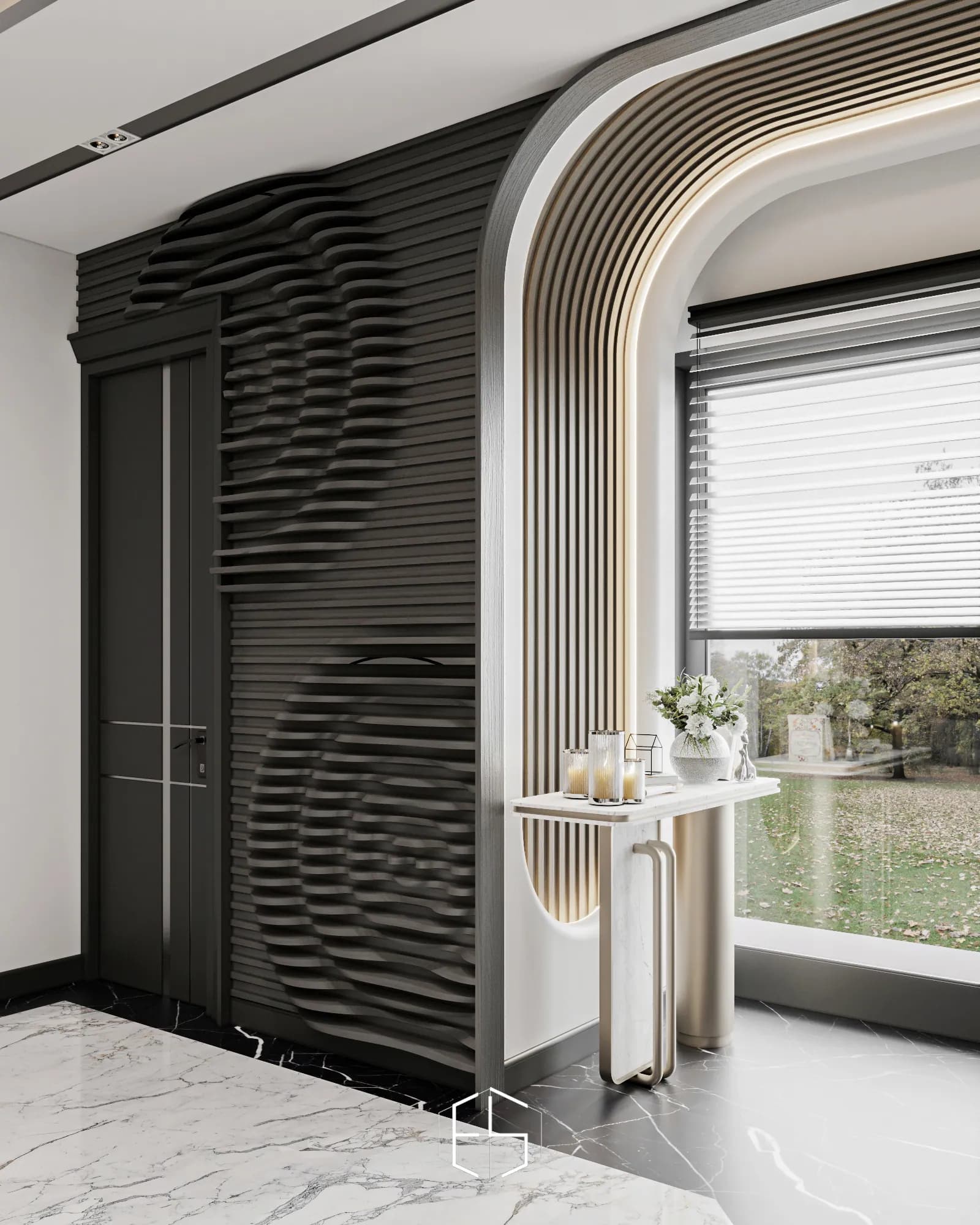 Quantis Signature: Sculpted horizontal slats create a wave relief beside a curved, illuminated window surround and a slender console.