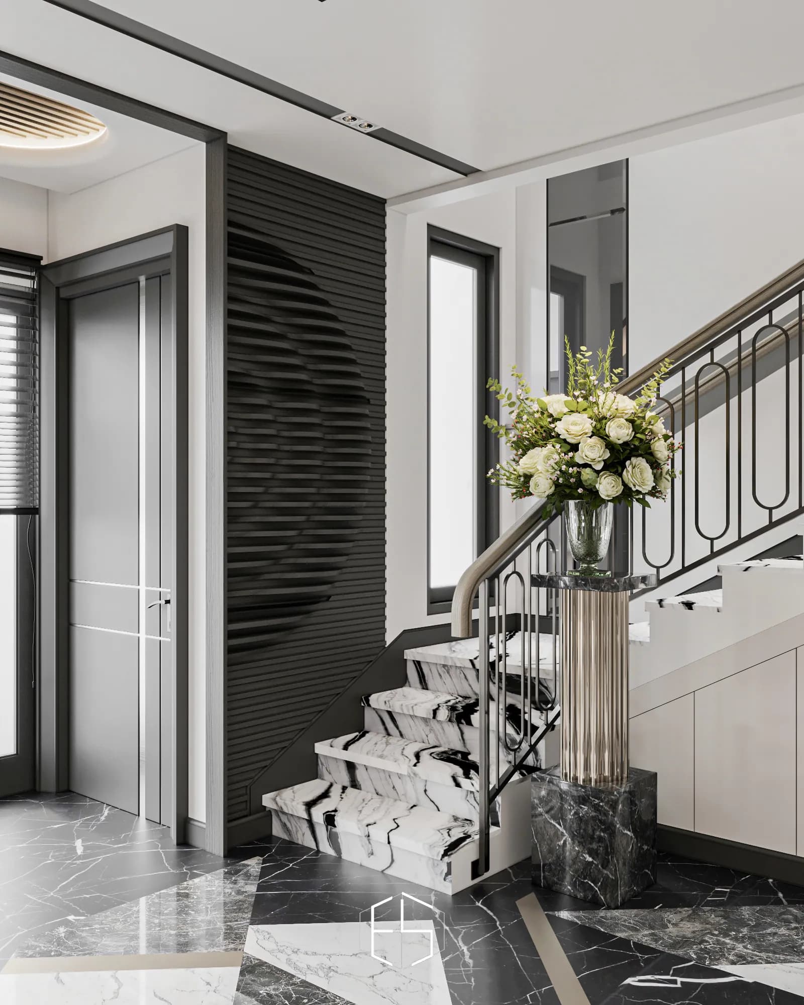 Quantis Signature: At the foot of the staircase, veined treads and loop-pattern railings contrast with a dark sculpted slat wall.