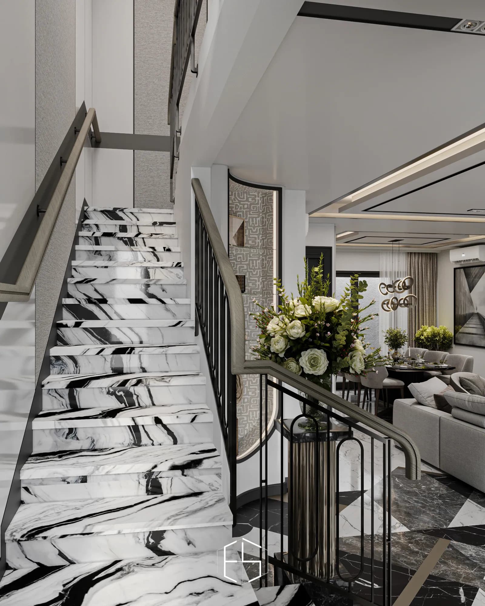 Quantis Signature: The staircase rises beside the open living and dining areas, with dramatic black-and-white veining and a continuous curved handrail.