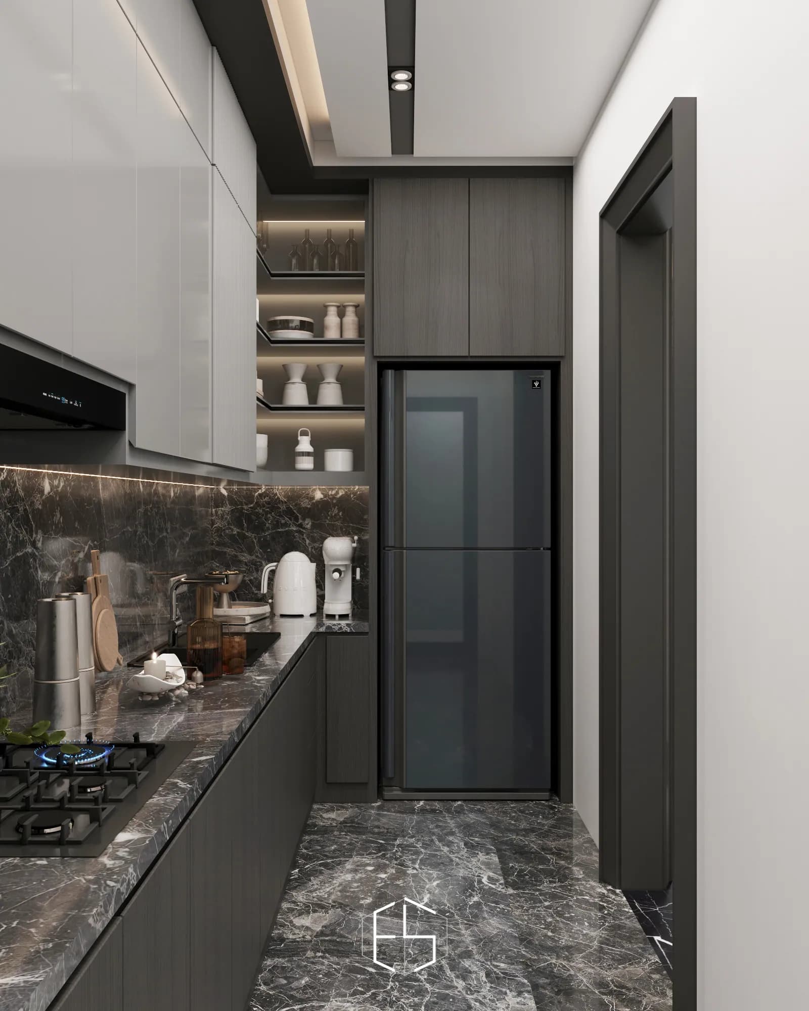 Quantis Signature: The single-wall kitchen leads to a refrigerator framed by upper storage and illuminated shelves for tableware.
