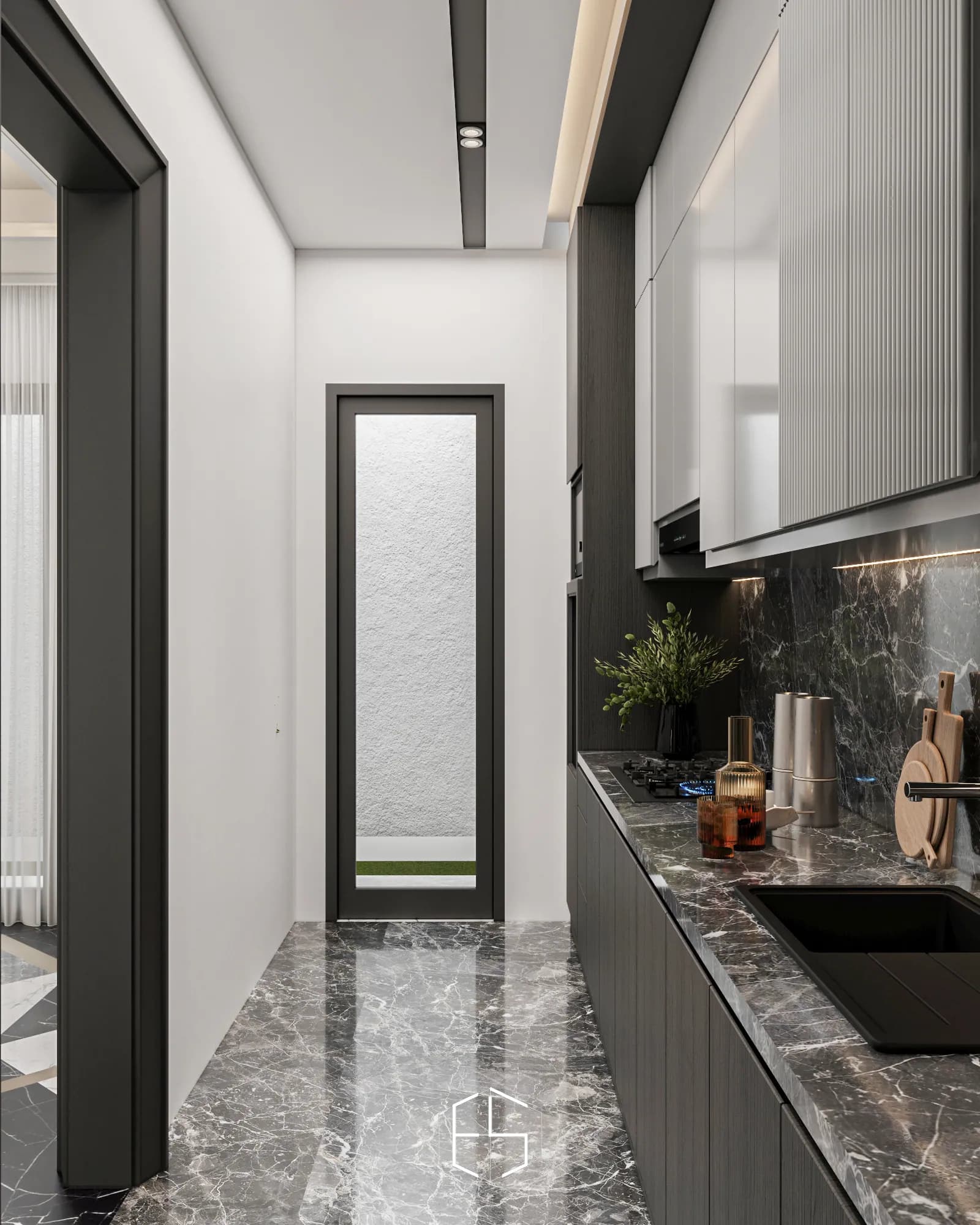 Quantis Signature: A long worktop links the kitchen sink and hob beneath ribbed wall cabinets, with a narrow full-height window at the end.