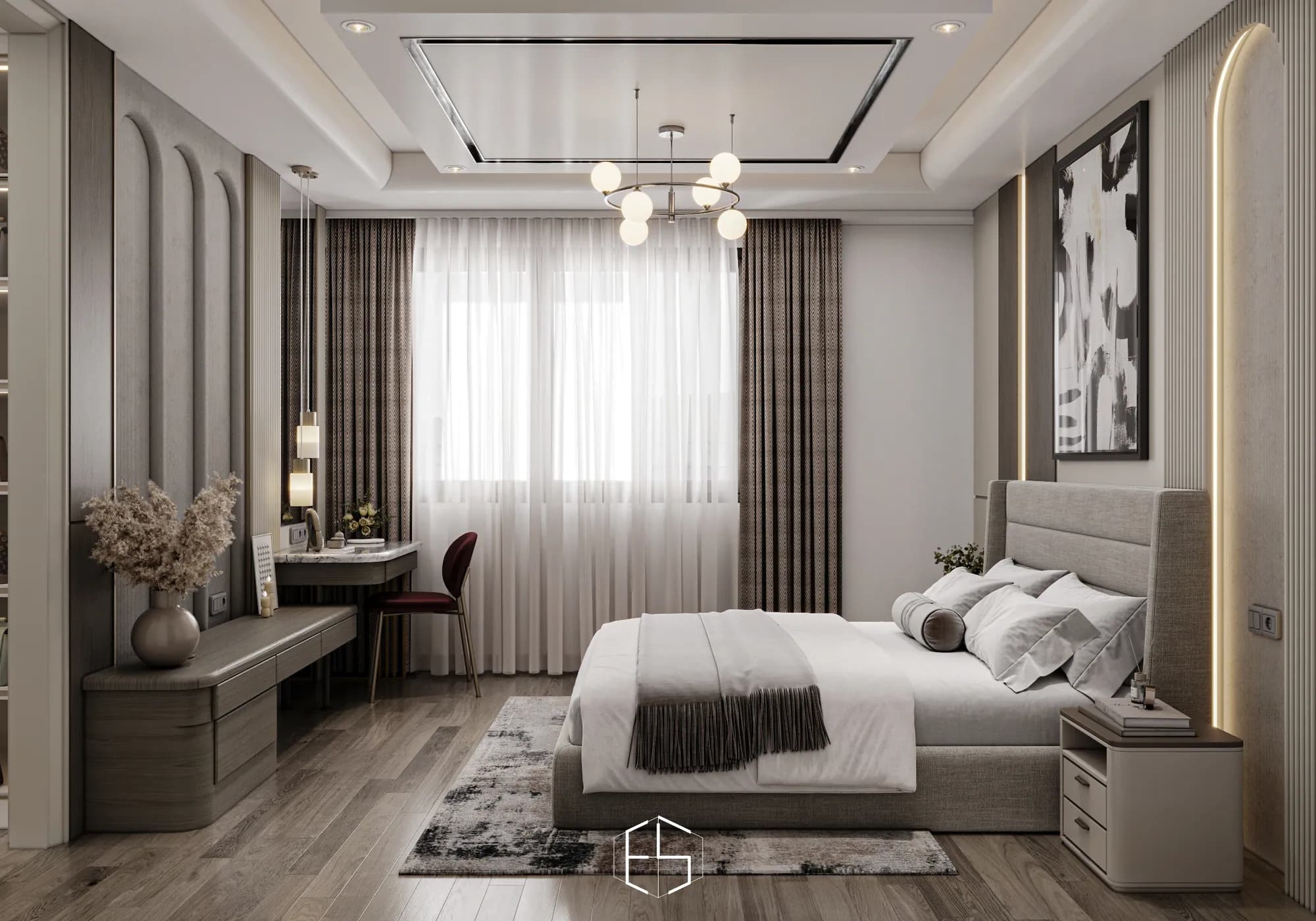 Quantis Signature: The bedroom arranges the bed opposite low storage and a window-side dressing table beneath a globe pendant.