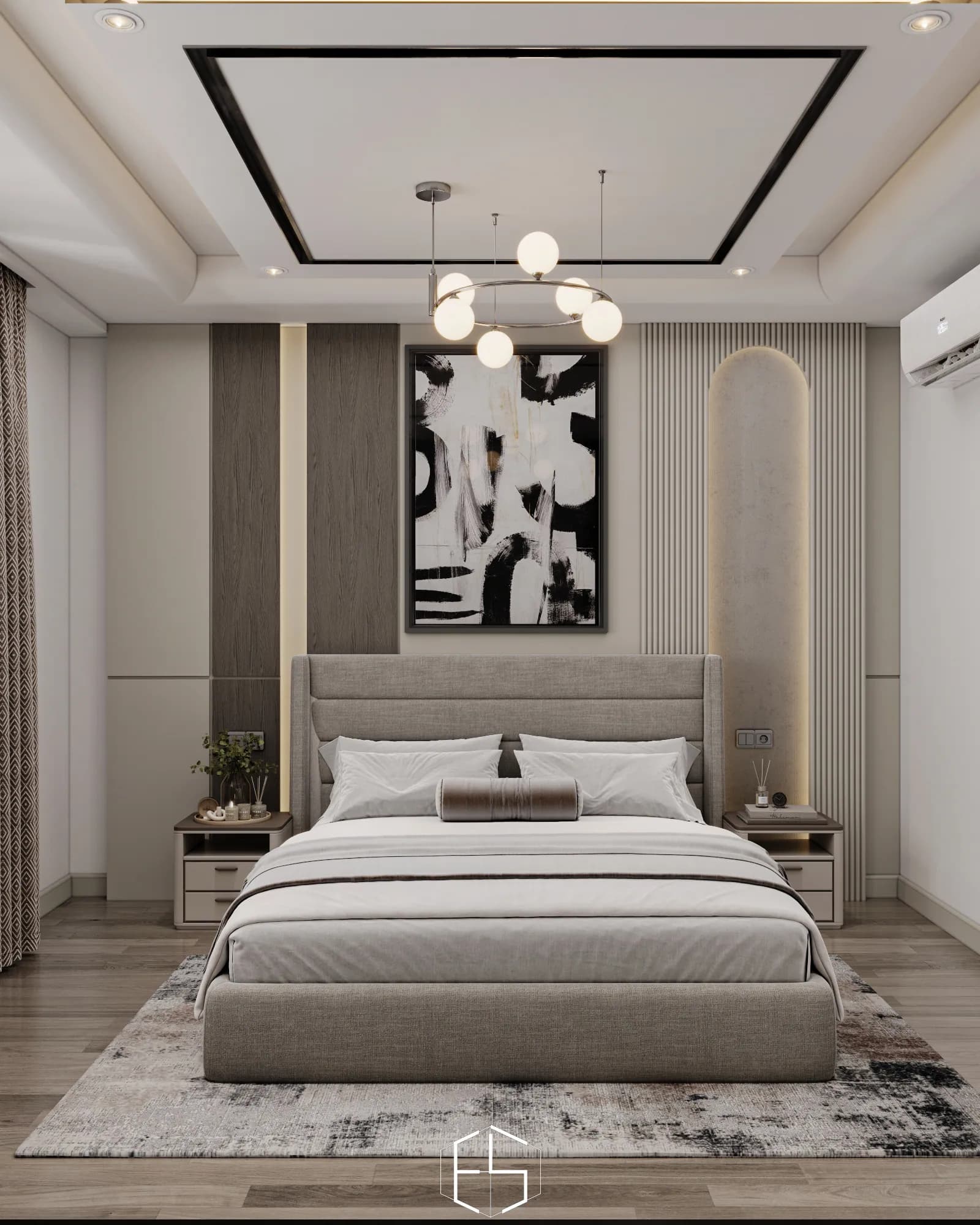 Quantis Signature: An upholstered bed is framed by abstract artwork, wood-toned panels and a softly backlit arched panel within vertical fluting.