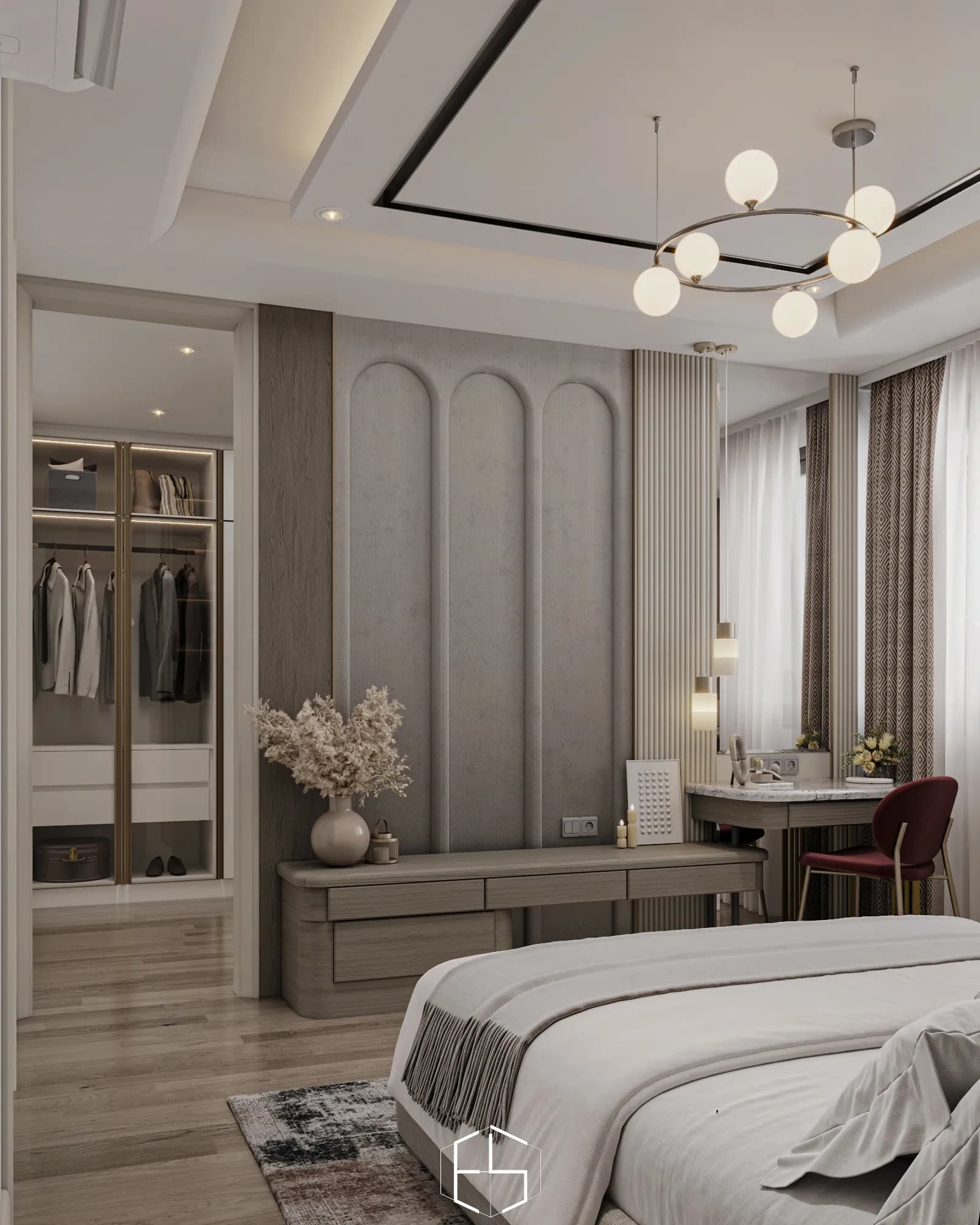 Quantis Signature: A low drawer unit extends into the dressing-table area, while the nearby opening reveals illuminated glass-front wardrobes.