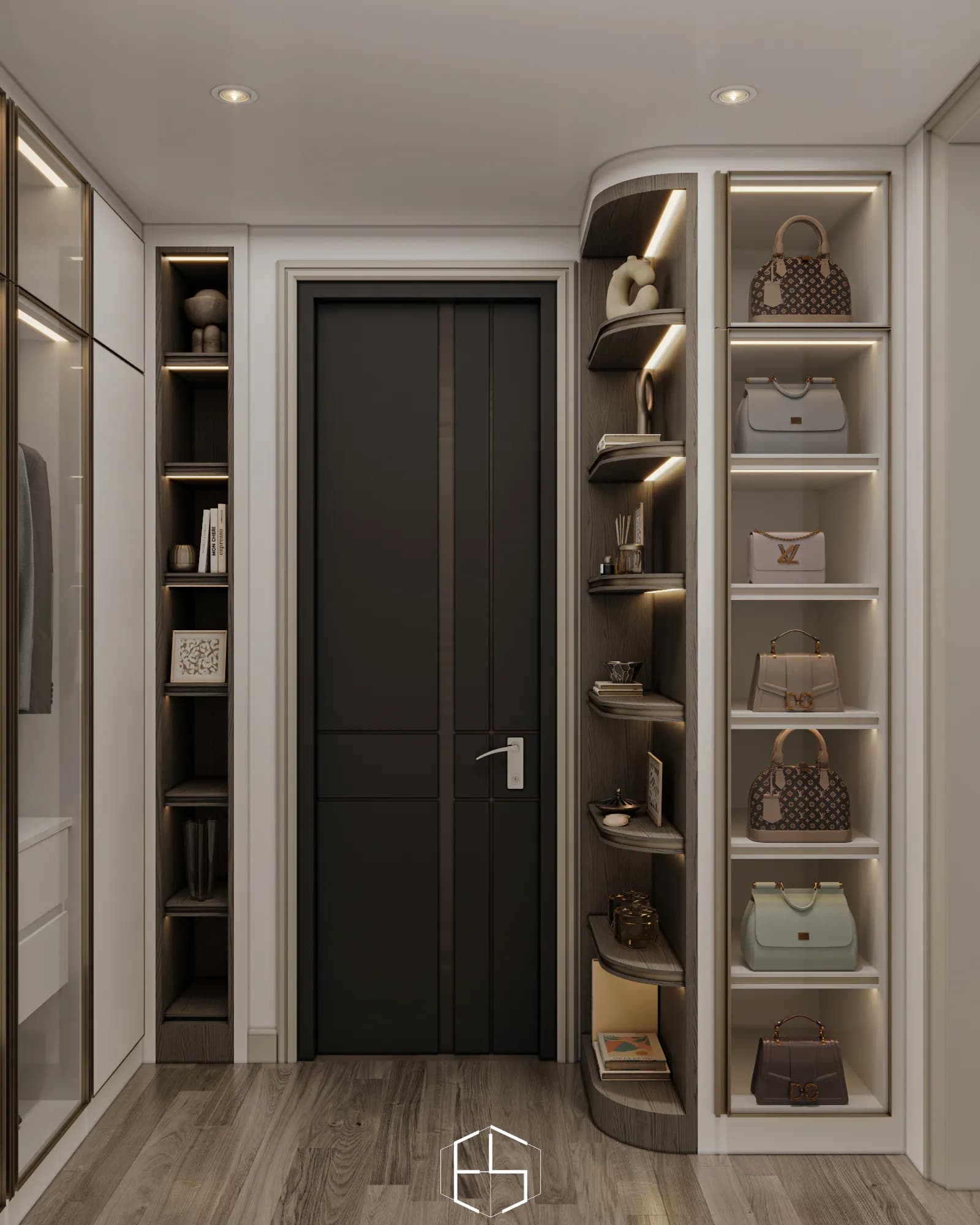 Quantis Signature: The dressing area combines glass-front wardrobes, curved corner shelves and a tall illuminated handbag display beside a dark door.