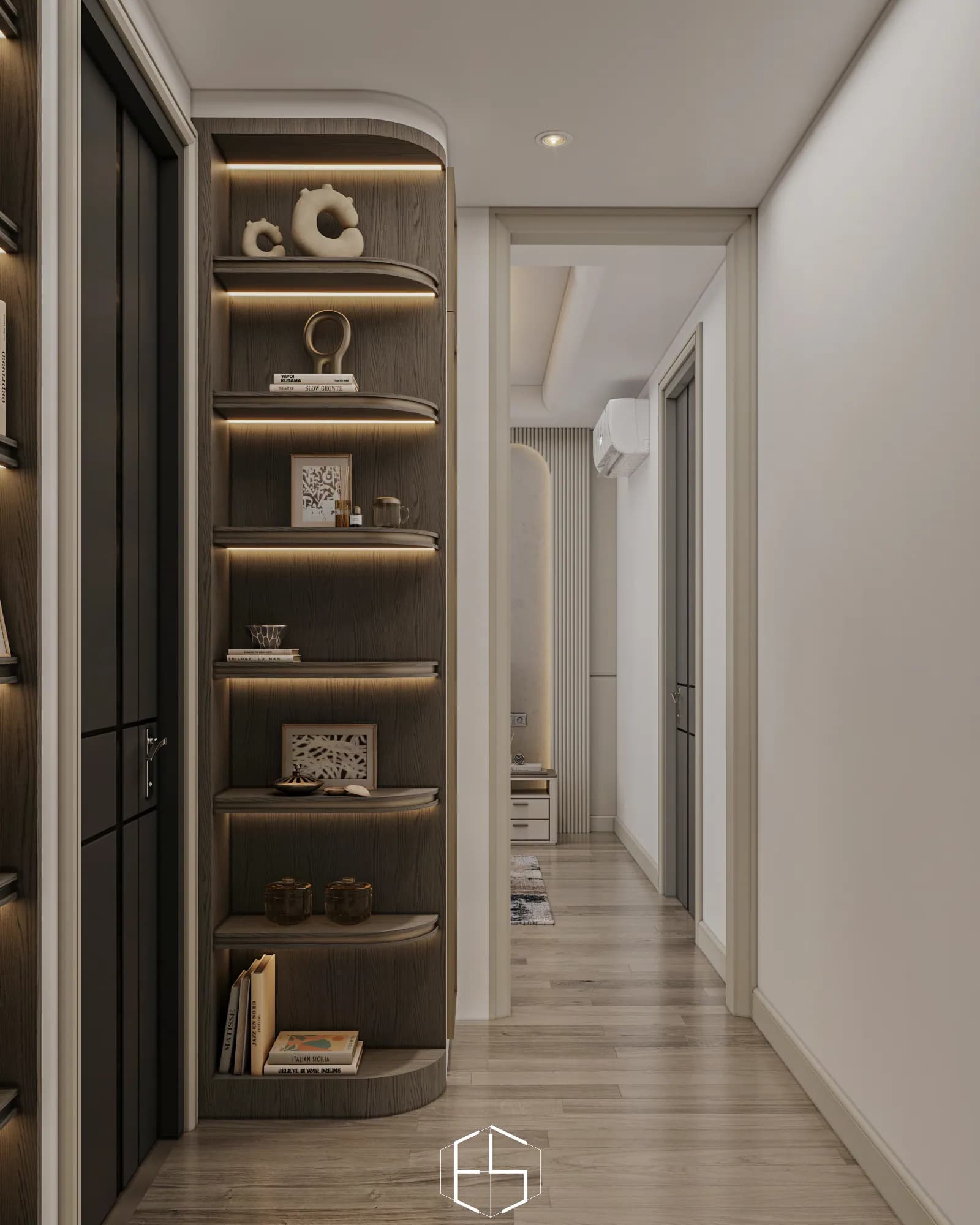 Quantis Signature: Rounded display shelves with warm under-shelf lighting define the passage from the dressing area back to the bedroom.