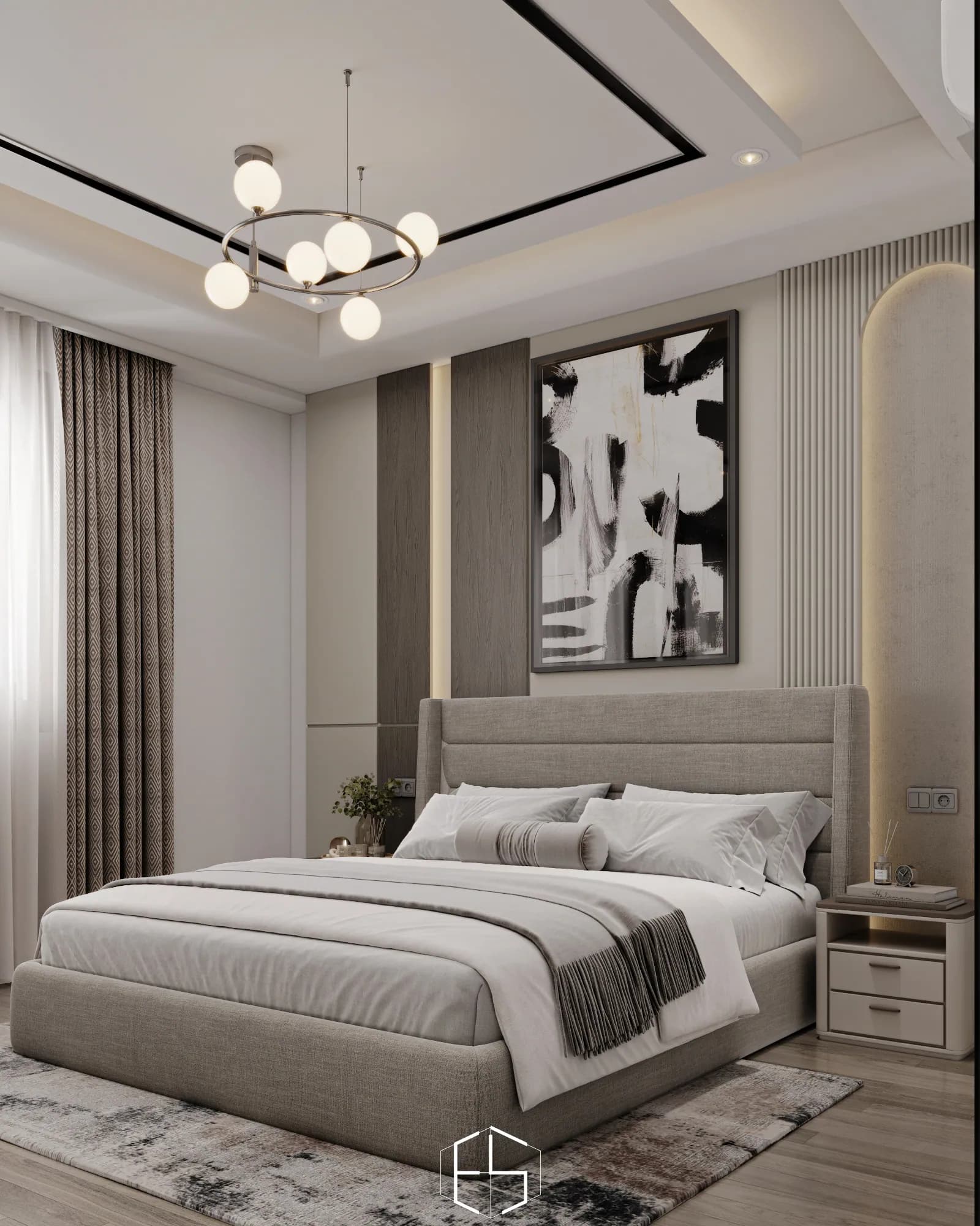 Quantis Signature: Neutral bedding, a fringed throw and textured curtains soften the bedroom's monochrome artwork and linear wall panels.
