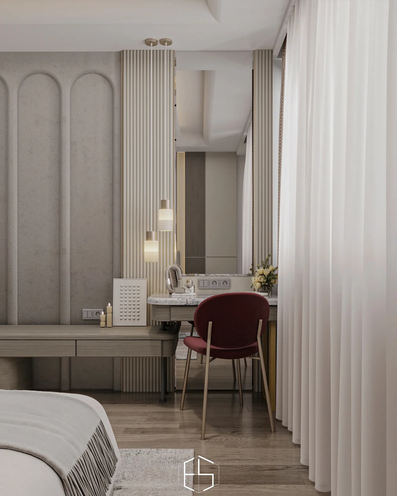 Quantis Signature: A burgundy chair accents the window-side dressing table, with a tall mirror, paired pendants and adjacent low drawers.