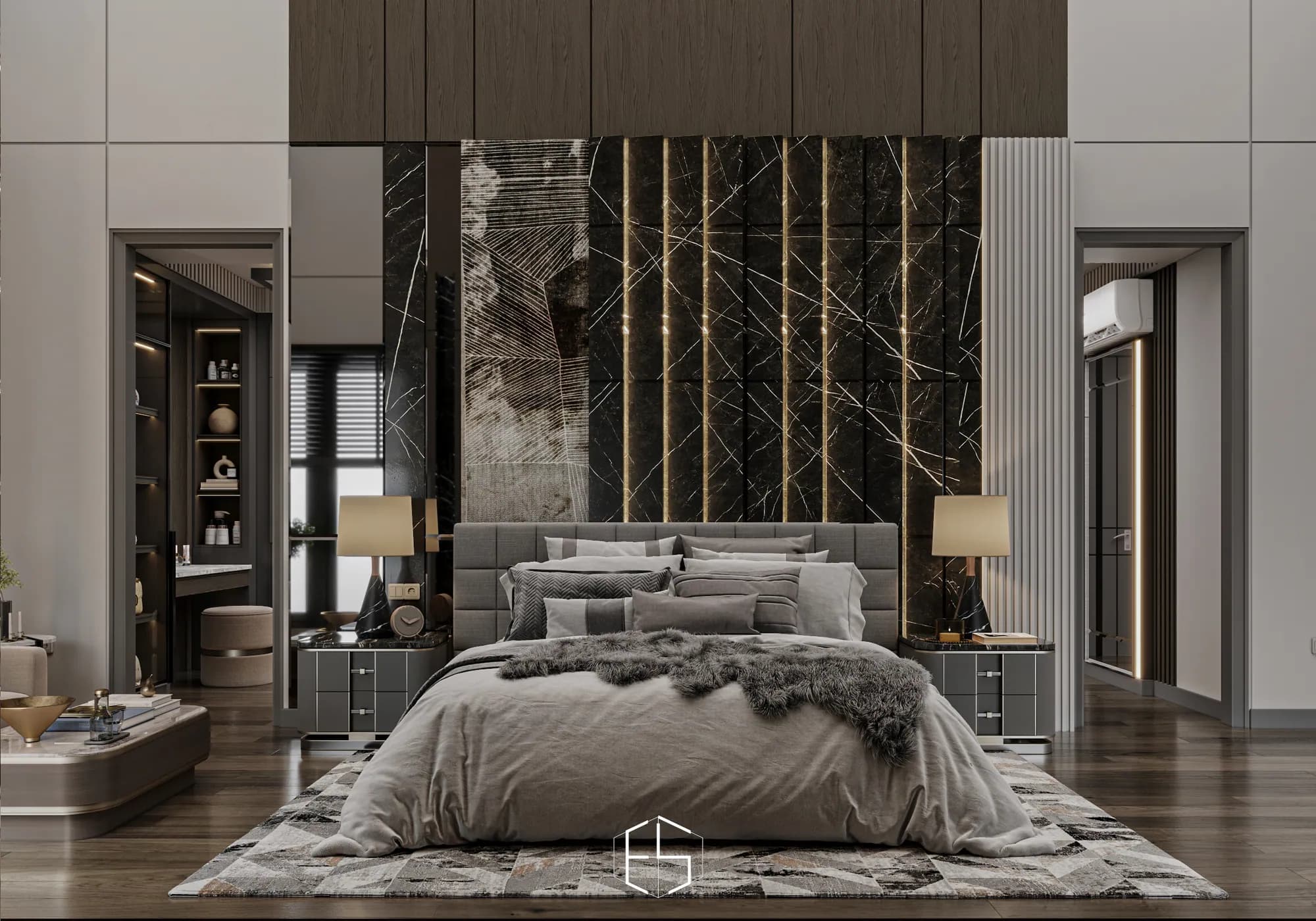 Quantis Signature: The main bedroom centres an upholstered bed against tall dark veined panels with vertical lighting, flanked by matching bedside lamps.