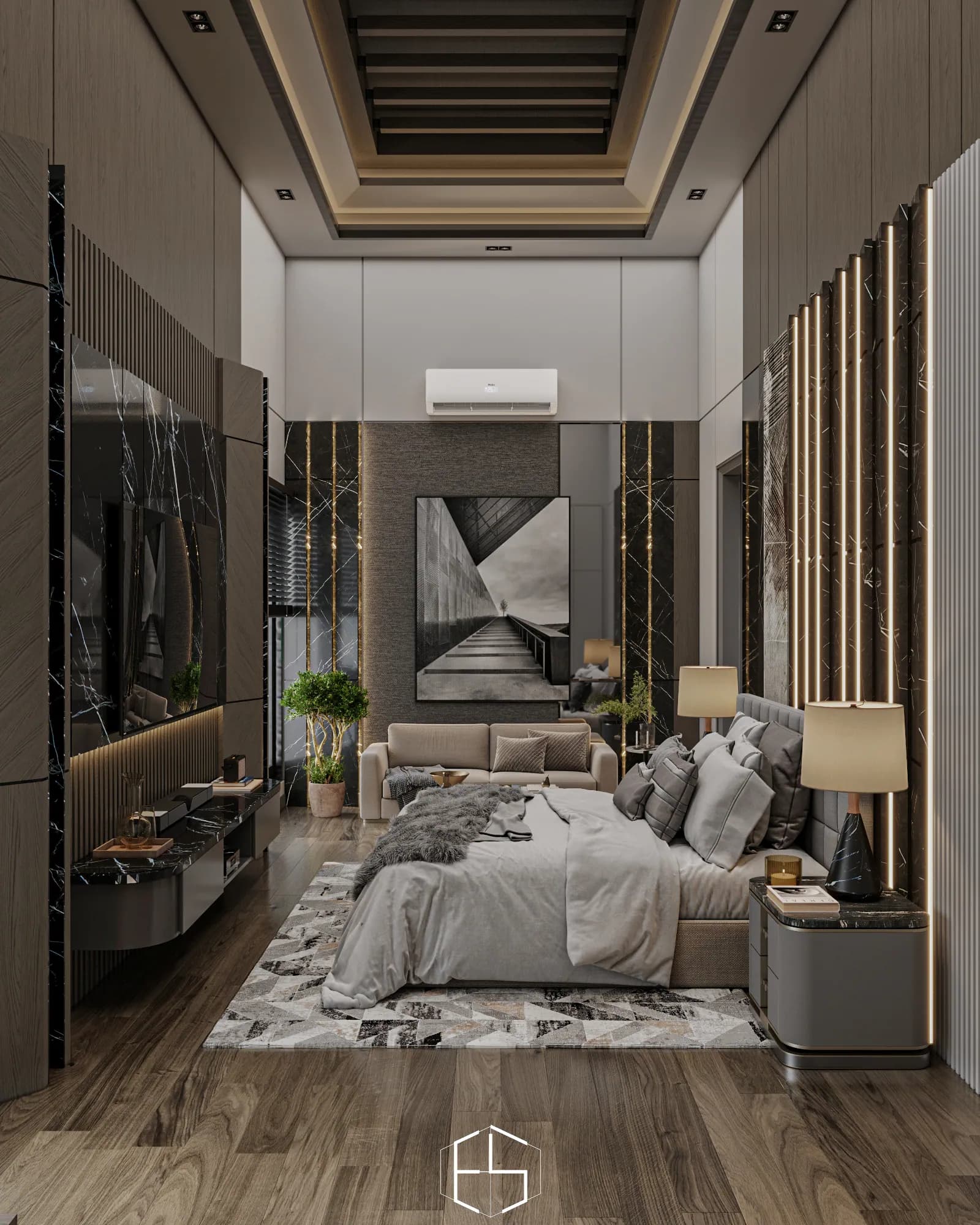 Quantis Signature: The main suite includes a compact sofa beside the bed, framed by architectural artwork, illuminated wall panels and a recessed slatted ceiling.