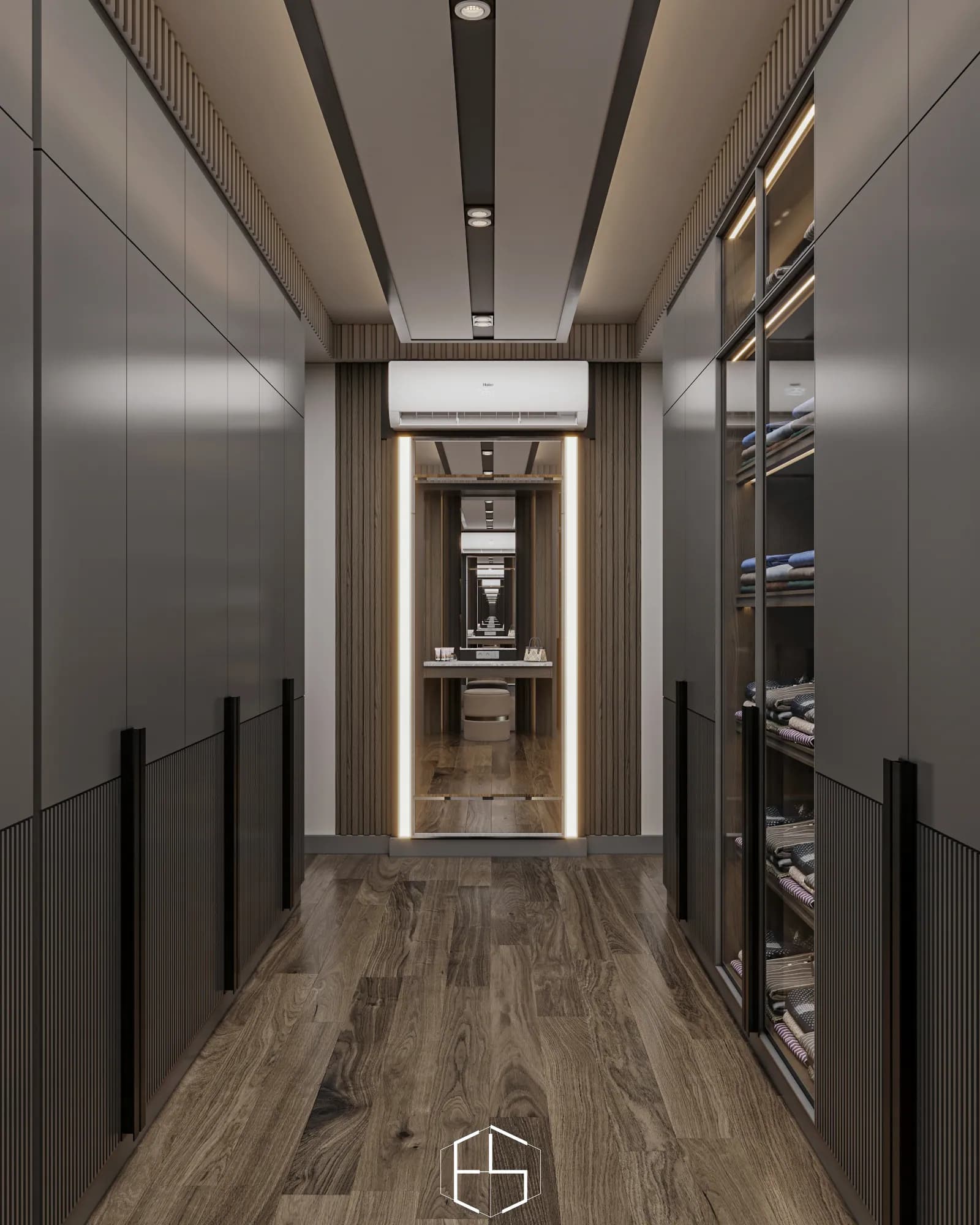 Quantis Signature: A full-length illuminated mirror closes the dressing-room axis, reflecting the vanity and contrasting with grey wardrobe fronts.