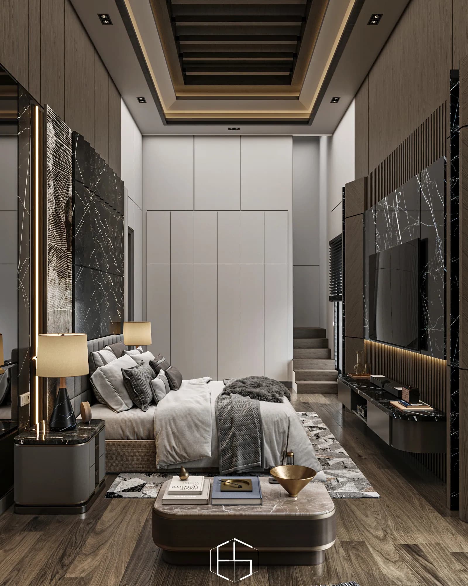 Quantis Signature: The bed faces the television across a narrow aisle, with a low coffee table in front and steps at the far end.