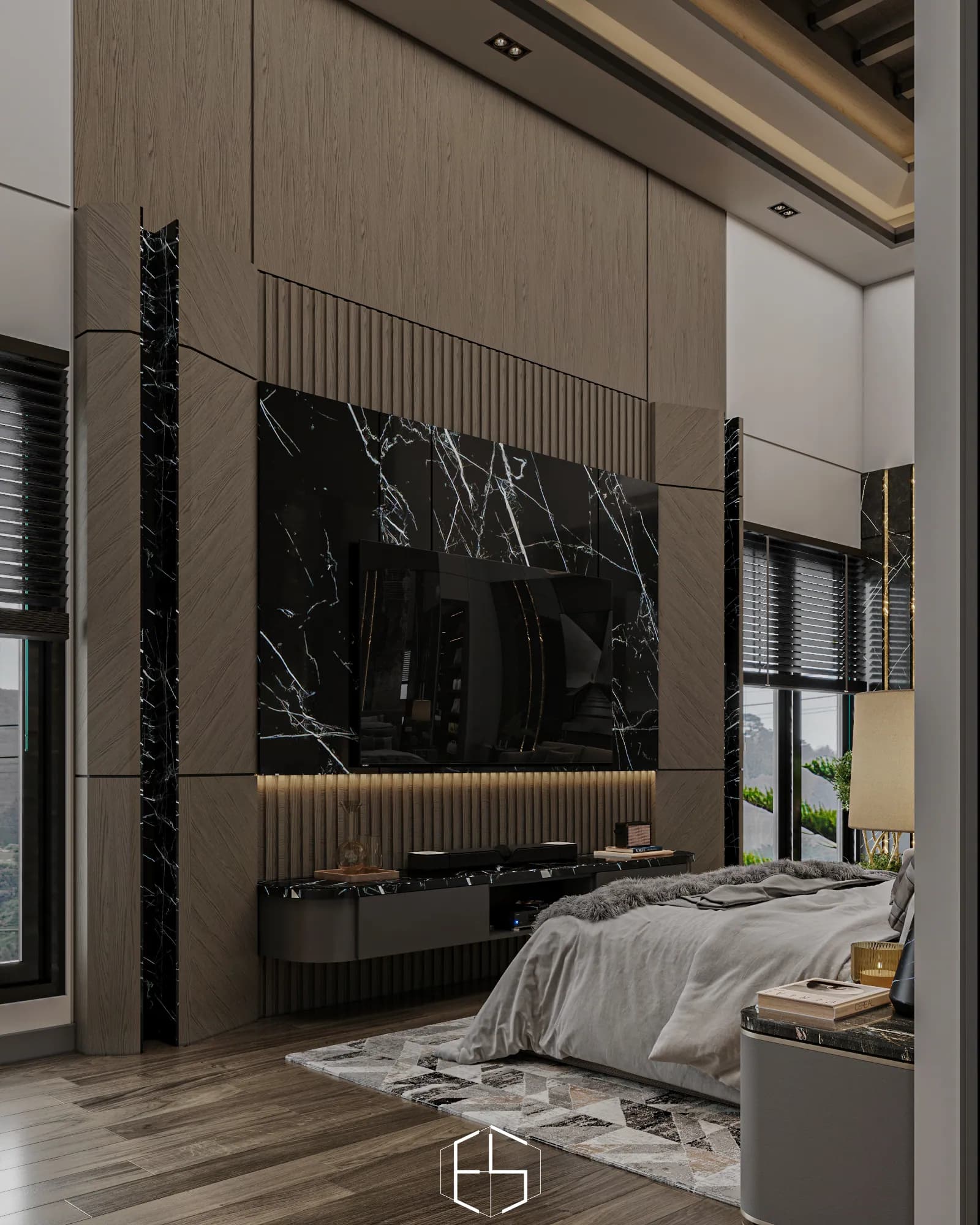 Quantis Signature: The bedroom television wall layers a dark veined panel, wood-toned fluting and a curved floating console between tall windows.