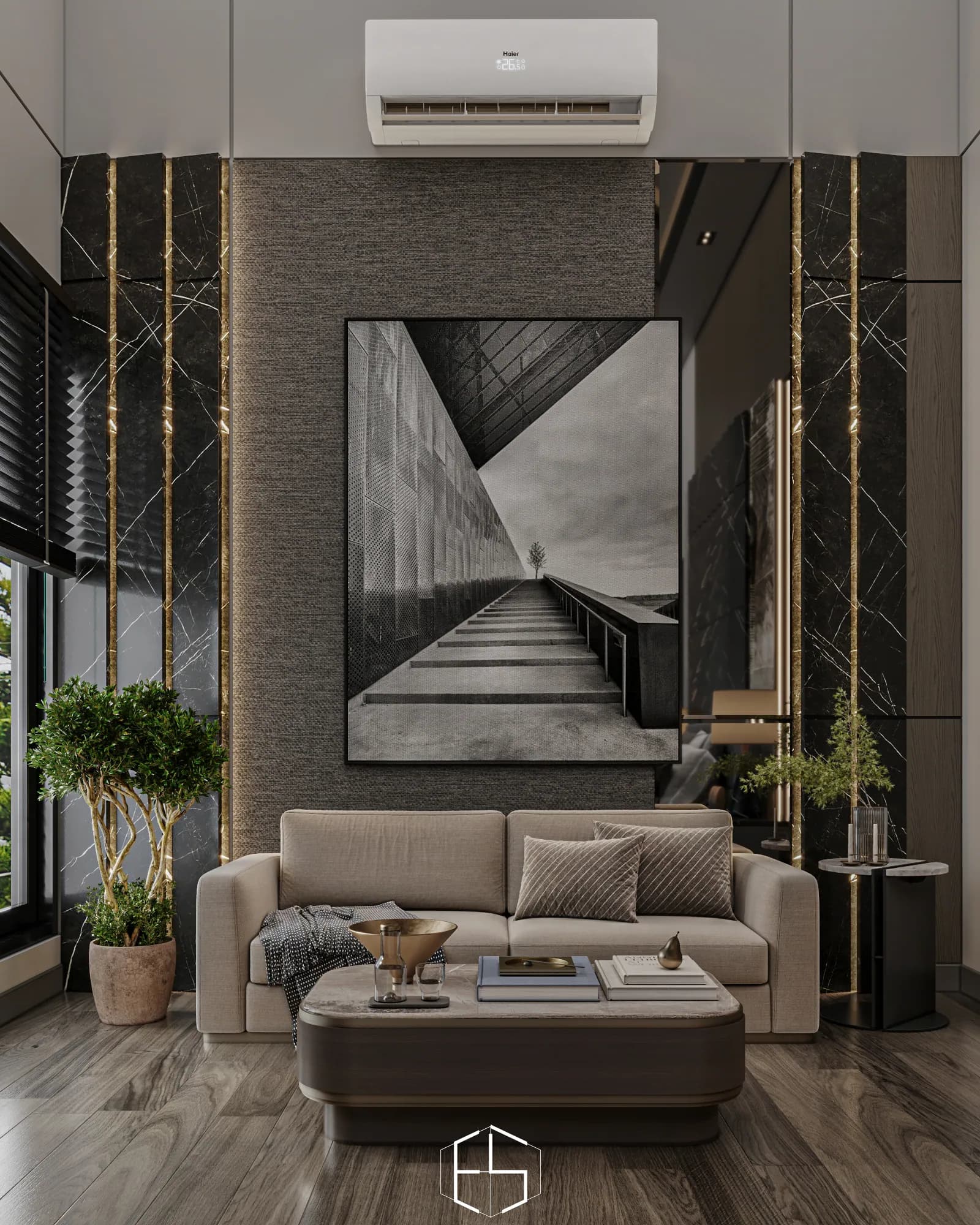 Quantis Signature: A two-seat sofa and rounded coffee table form a bedroom sitting area beneath monochrome architectural artwork and between illuminated wall strips.