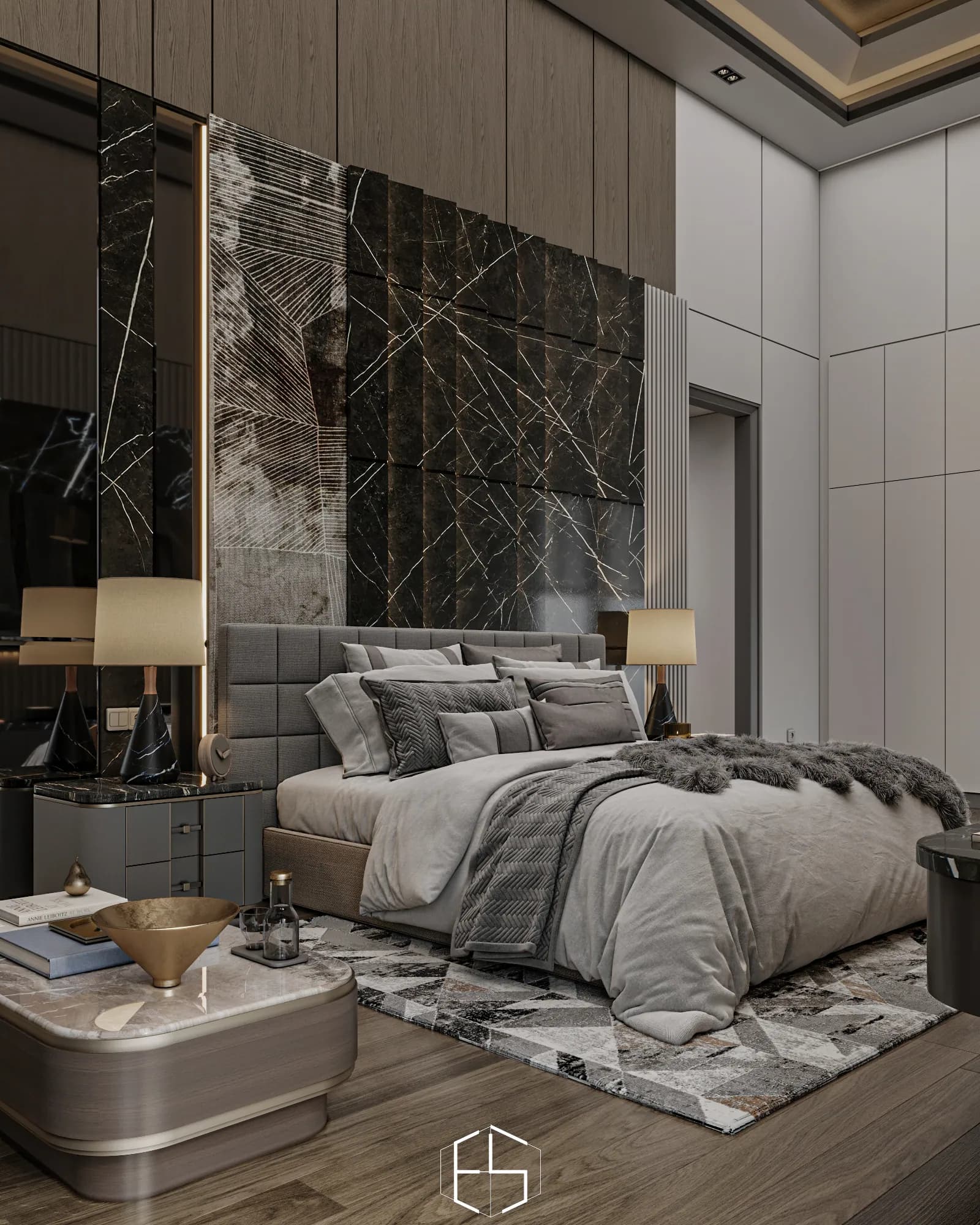 Quantis Signature: Layered grey textiles and a geometric rug complement the main bed's veined backdrop, mirrored strip and matching bedside tables.