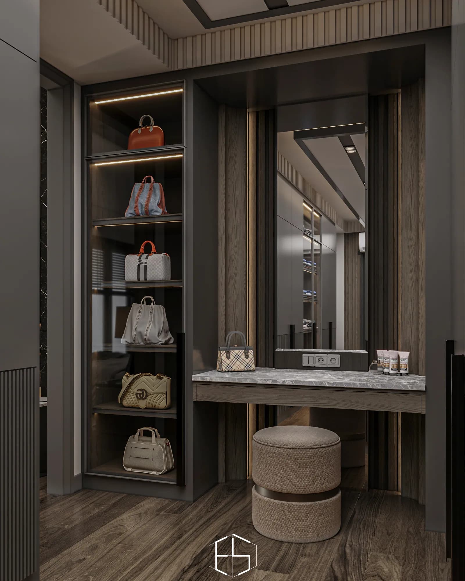 Quantis Signature: The dressing-table niche combines a veined countertop, tall mirror and round upholstered stool beside an illuminated handbag cabinet.