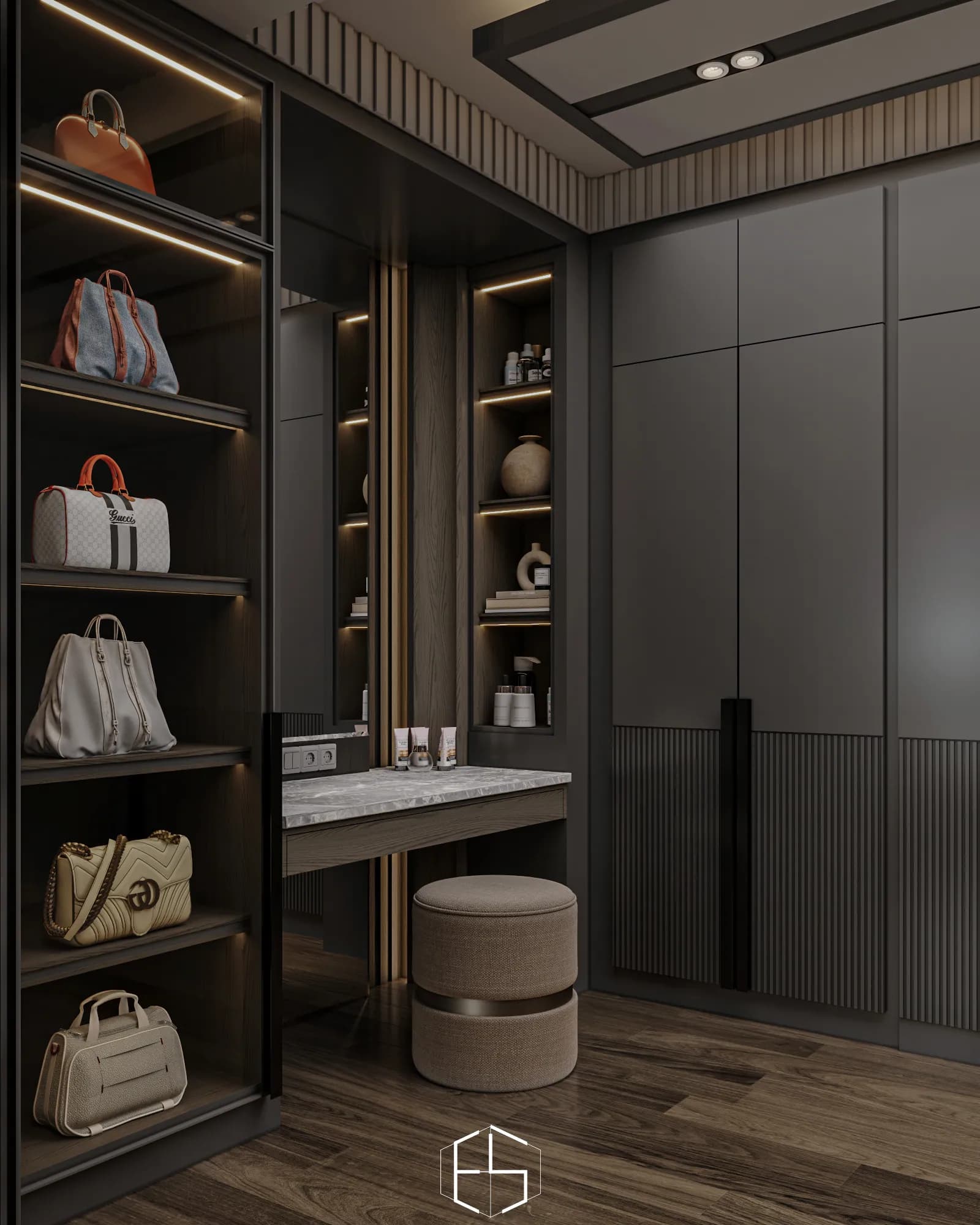 Quantis Signature: Integrated lighting highlights handbag storage and a narrow accessory shelf around the vanity, beside wardrobes with ribbed lower panels.