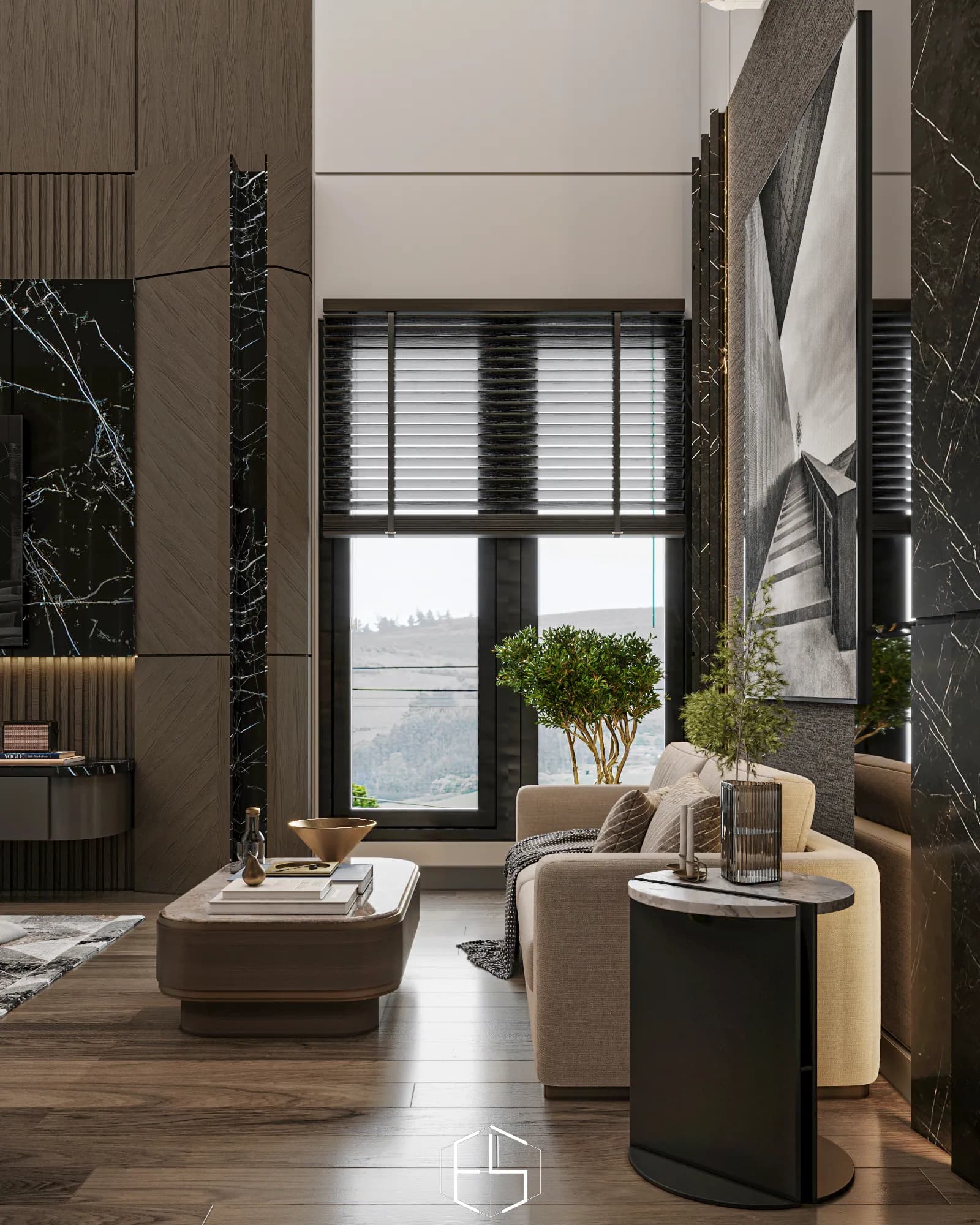 Quantis Signature: A window with dark horizontal blinds sits beside the bedroom sofa, a rounded coffee table and a circular side table.