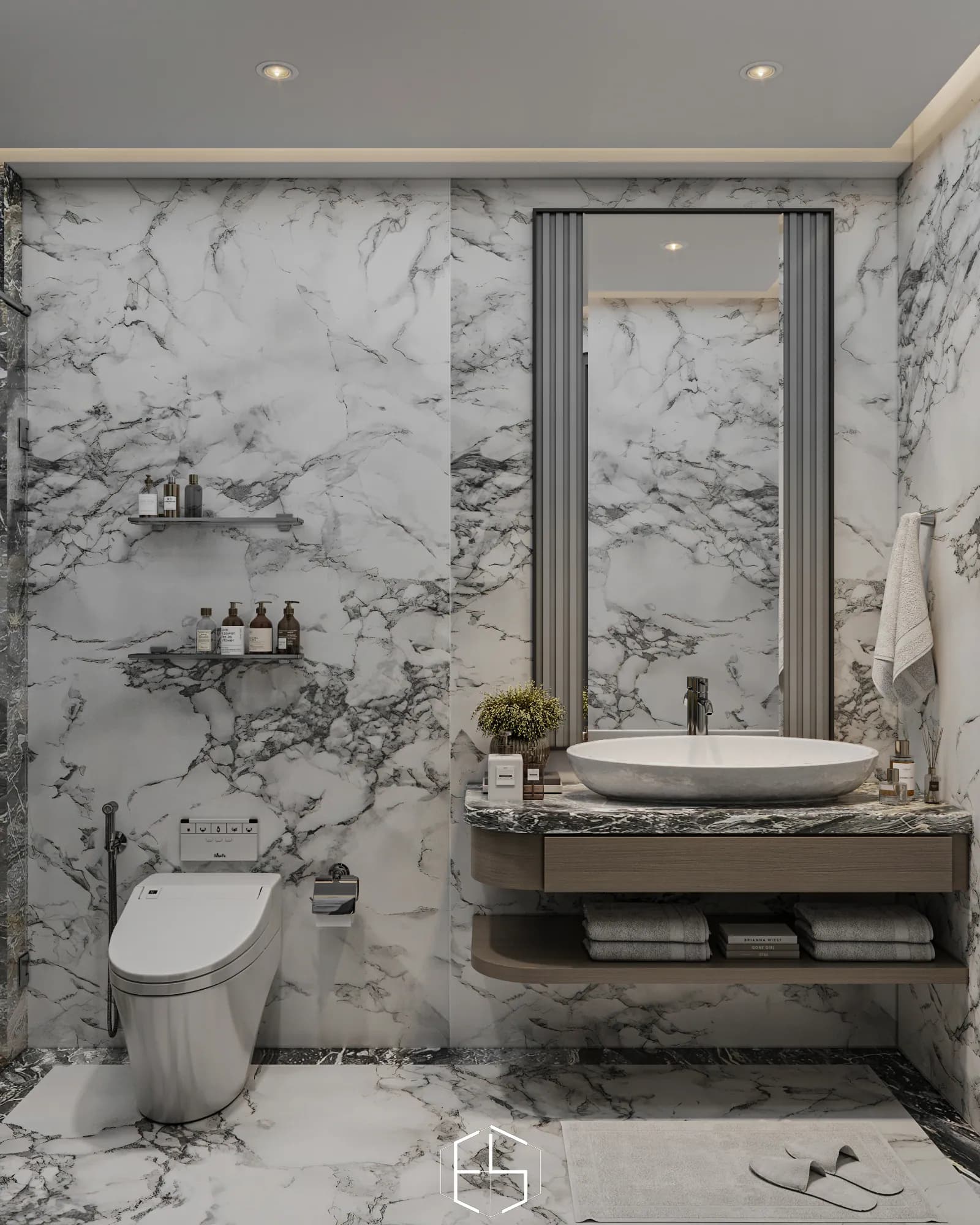 Quantis Signature: An oval vessel basin sits on a dark veined counter above a floating vanity with an open towel shelf, beside the toilet.