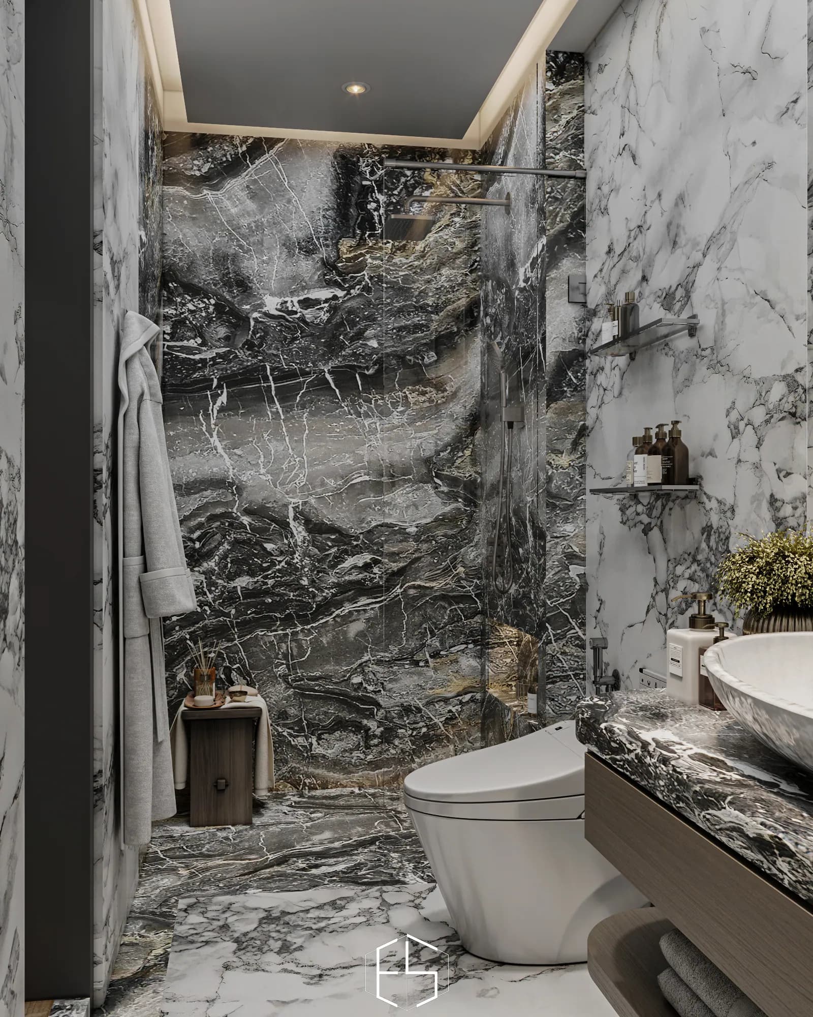 Quantis Signature: A glass shower partition reveals dark swirling wall patterns, contrasting with the pale veined surfaces around the basin and toilet.