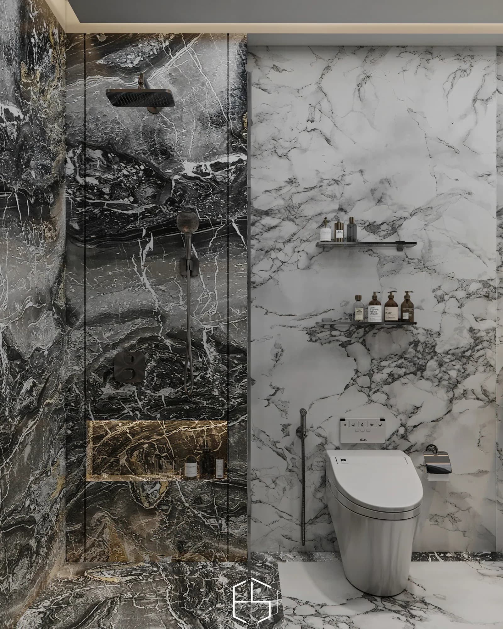 Quantis Signature: The shower combines an overhead spray, handheld fitting and illuminated recessed shelf, separated from the toilet by clear glass.