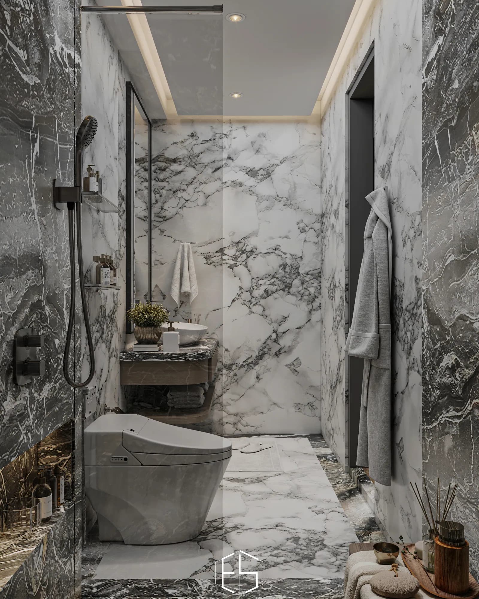 Quantis Signature: The bathroom's narrow layout places the glass-enclosed shower beside the toilet, with the floating basin cabinet at the far end.