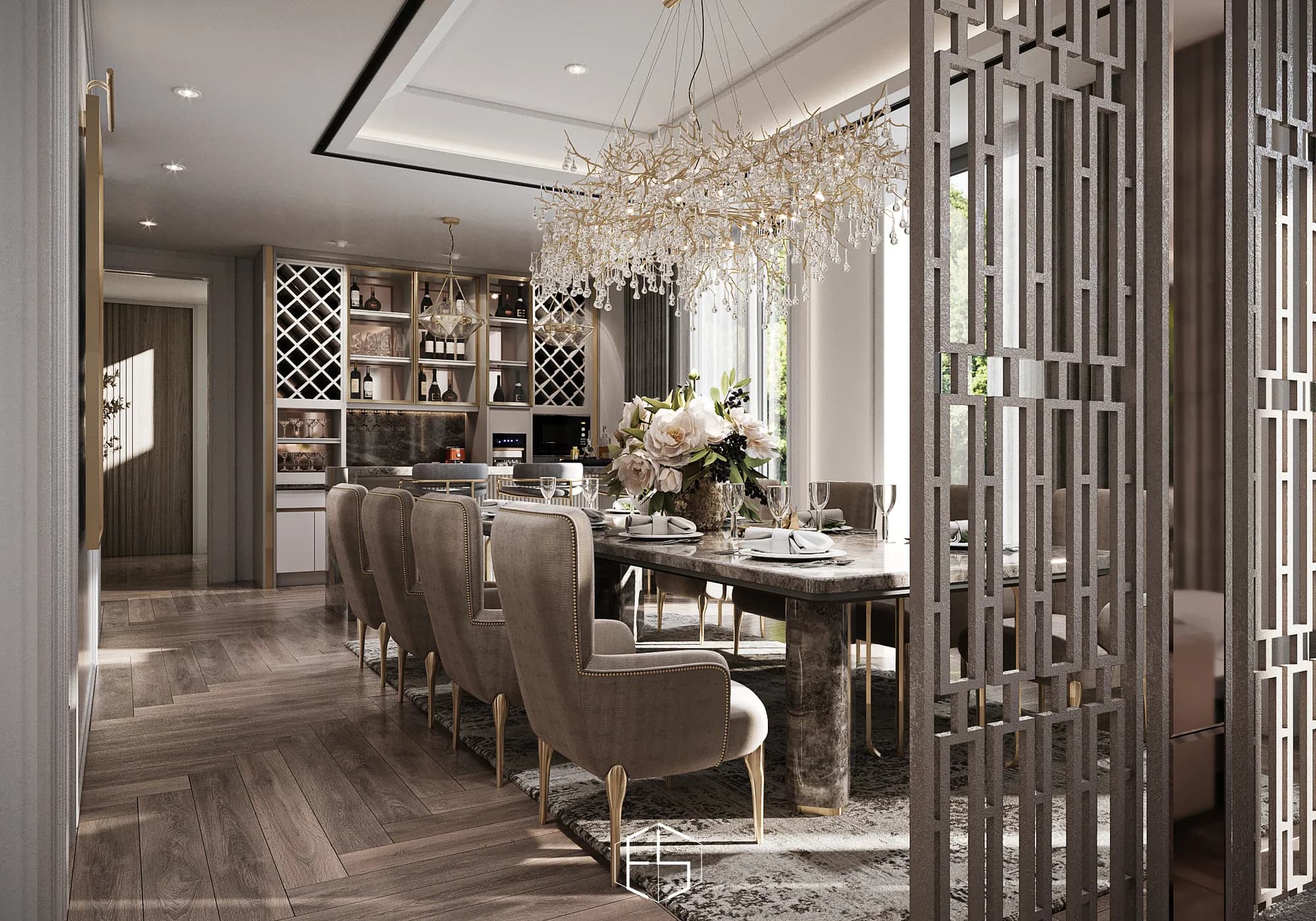 Private Residence: An open geometric screen frames the dining area, with upholstered chairs, a branching chandelier and a built-in drinks cabinet beyond.