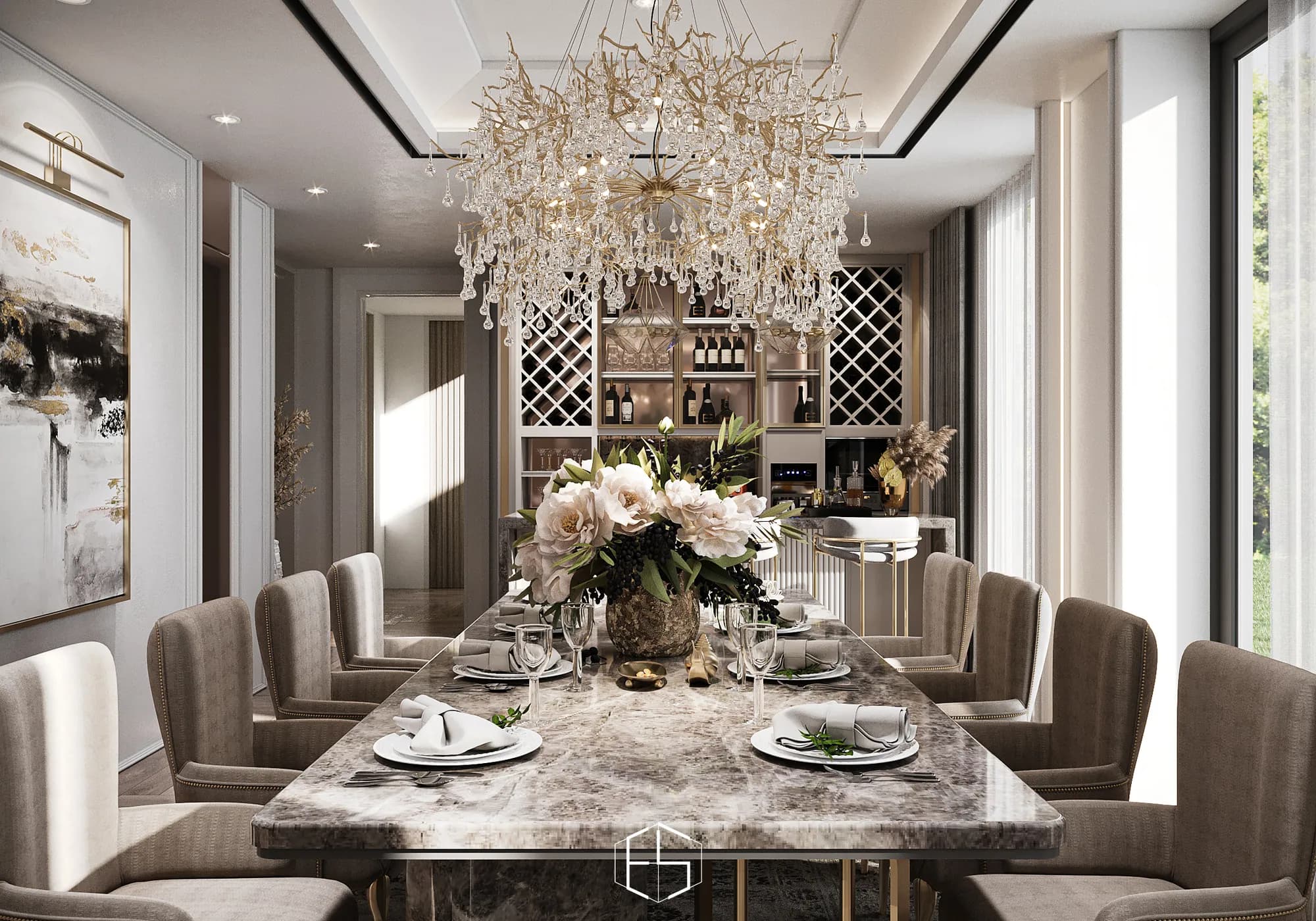 Private Residence: A long veined dining table sits beneath a branching chandelier, facing lattice bottle racks and a bar counter beside tall windows.