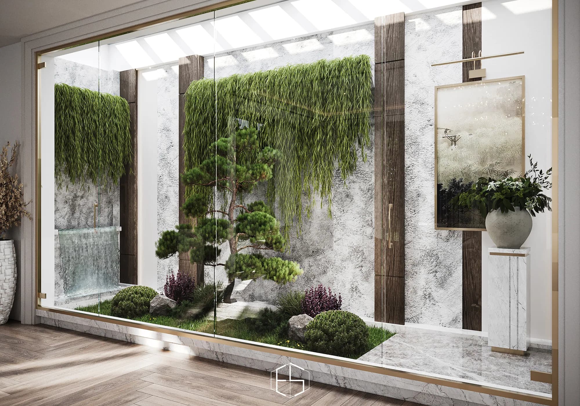Private Residence: The glass-enclosed garden combines a sculptural tree, trailing plants, low planting and a water feature against a textured wall.